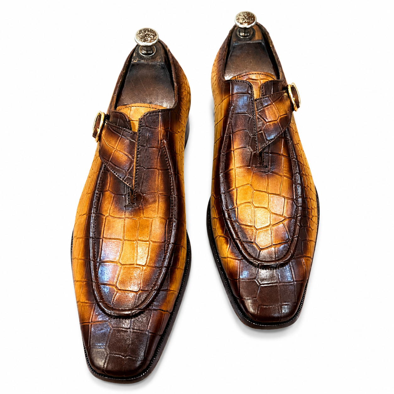 British Pointed Toe Single Monk – Burnished Bronze Croc