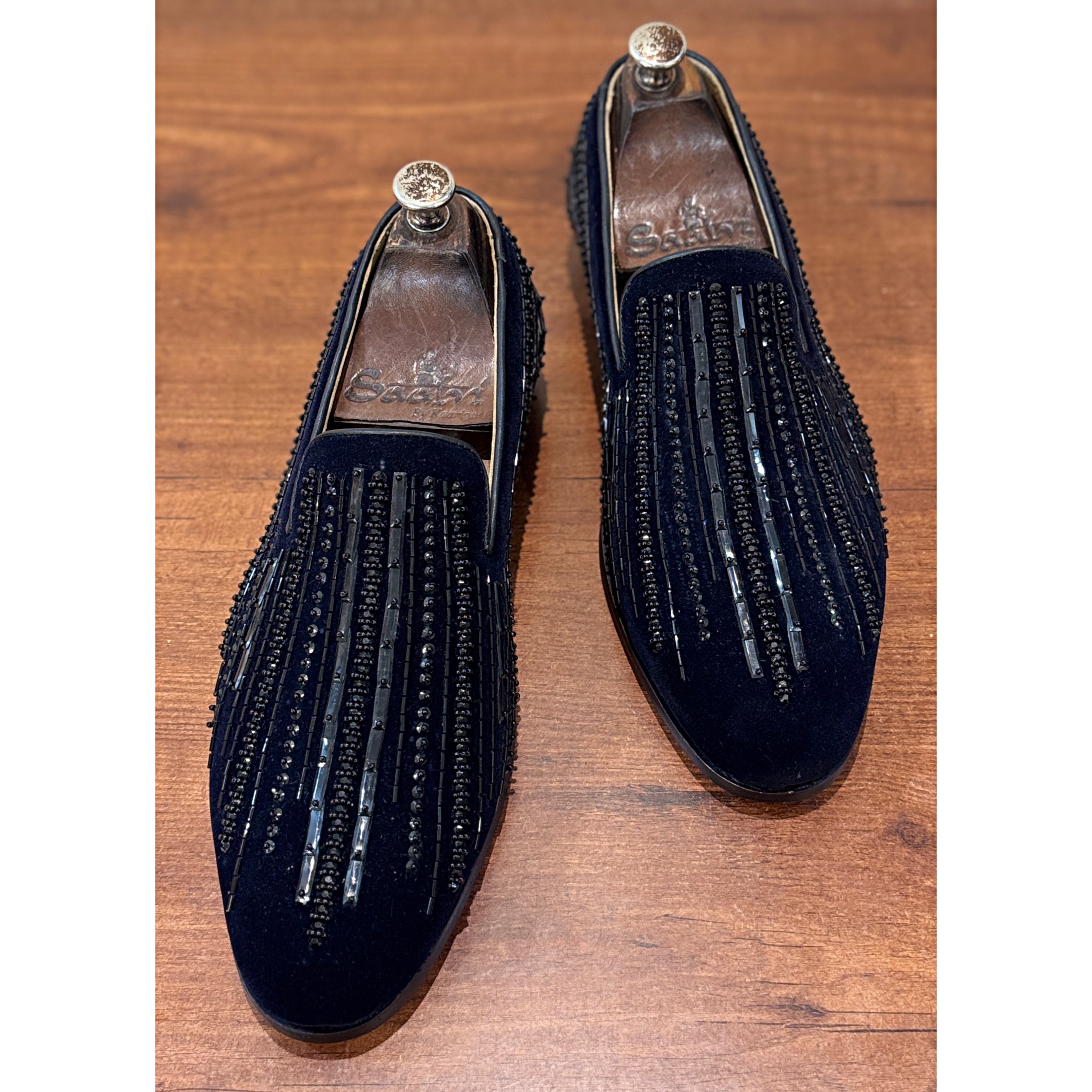 Barone Coal Navy Embroidered Velvet Loafers