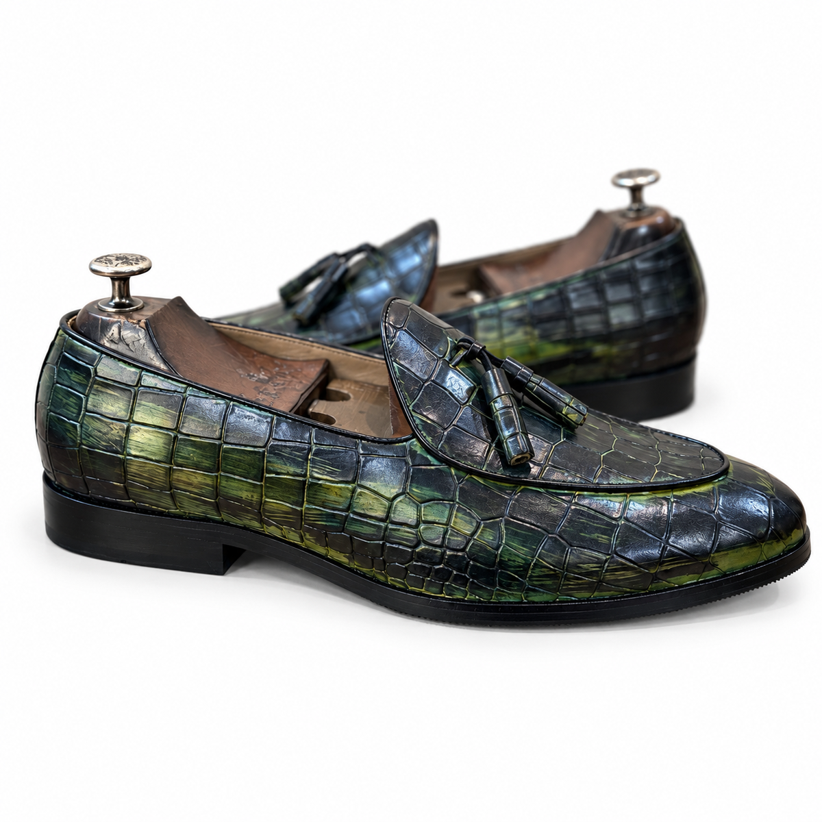 Verdant Noir Croco Tassel Loafers