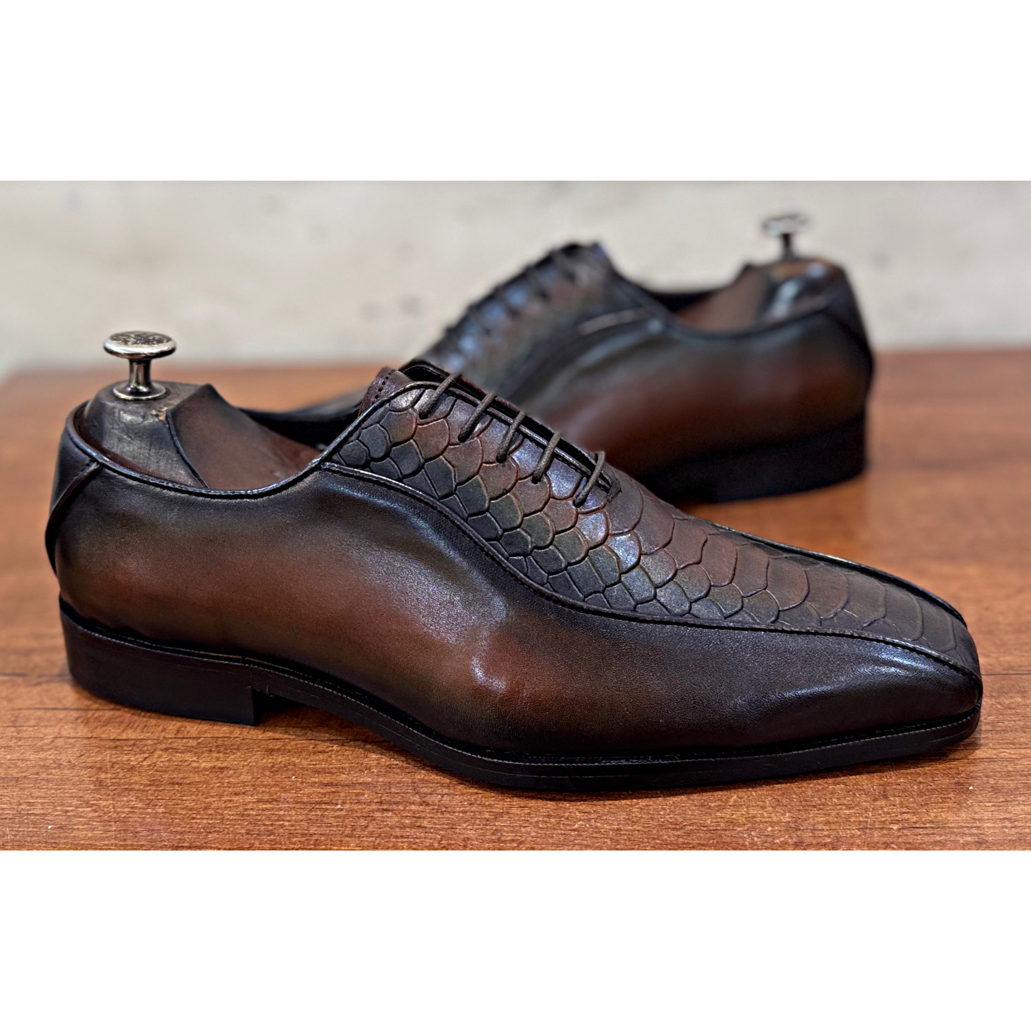 Python Embossed Oxfords Green Hand Patina