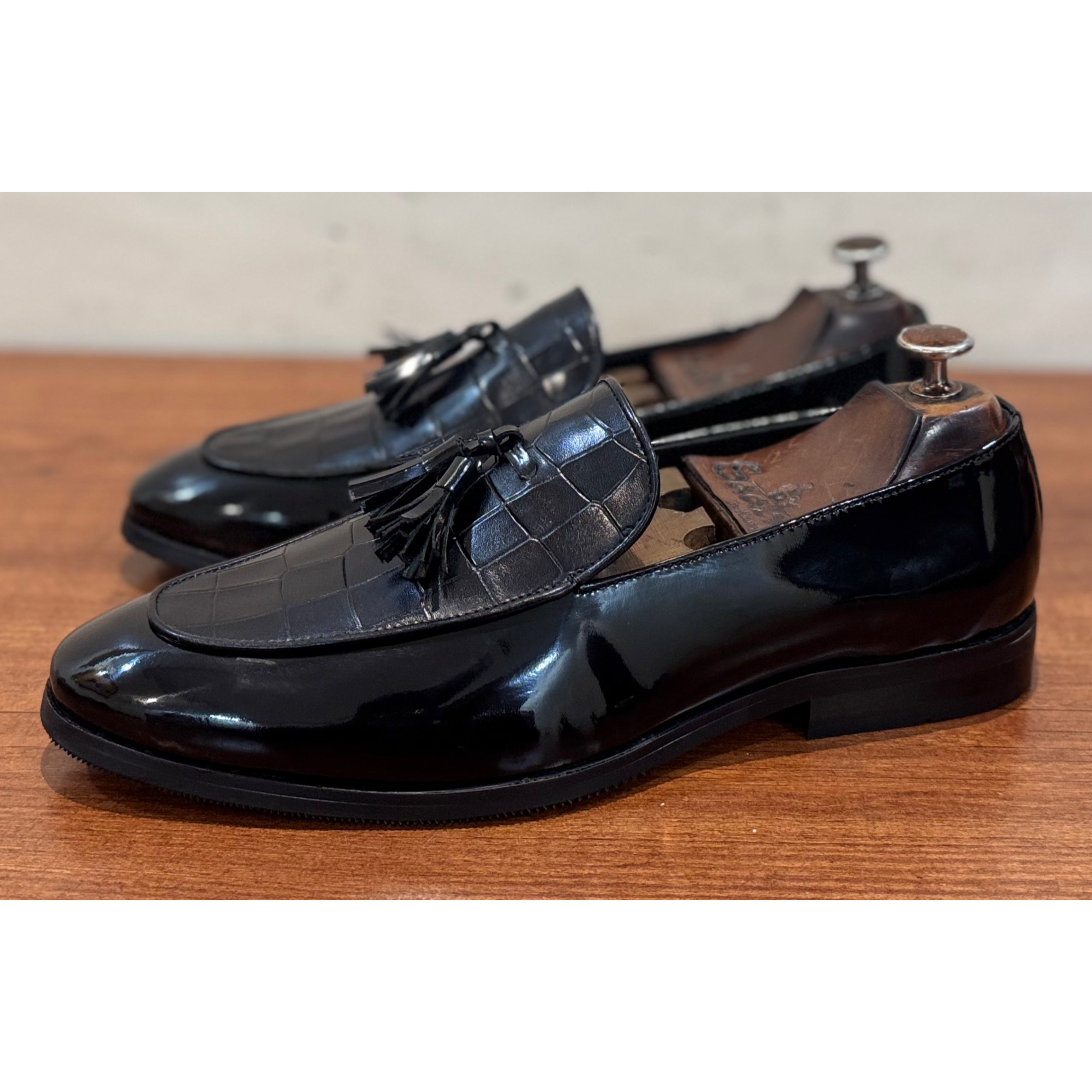 Black Patent Loafers Croco With Tassels