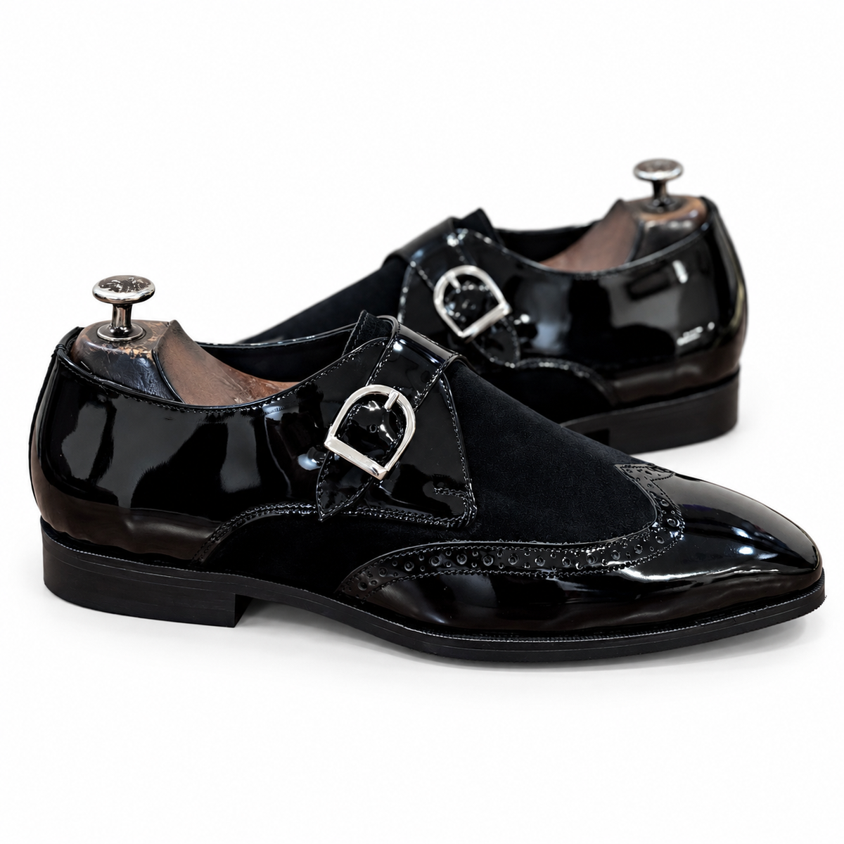 Noir Éclat – Black Patent Leather Monk Strap Brogue