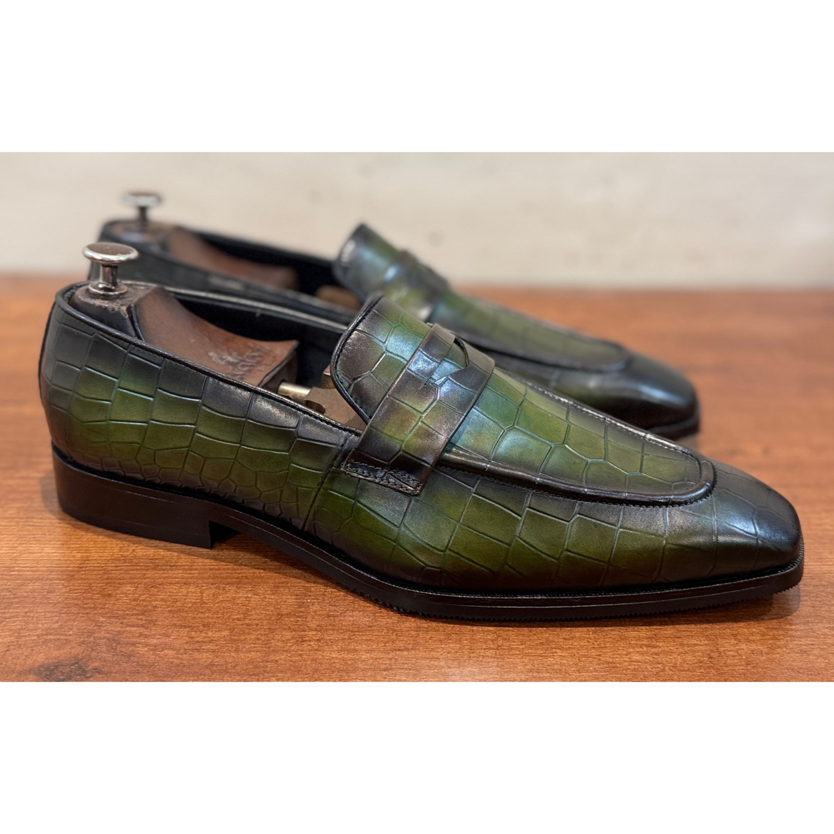 Green Hand Patina Penny Loafers