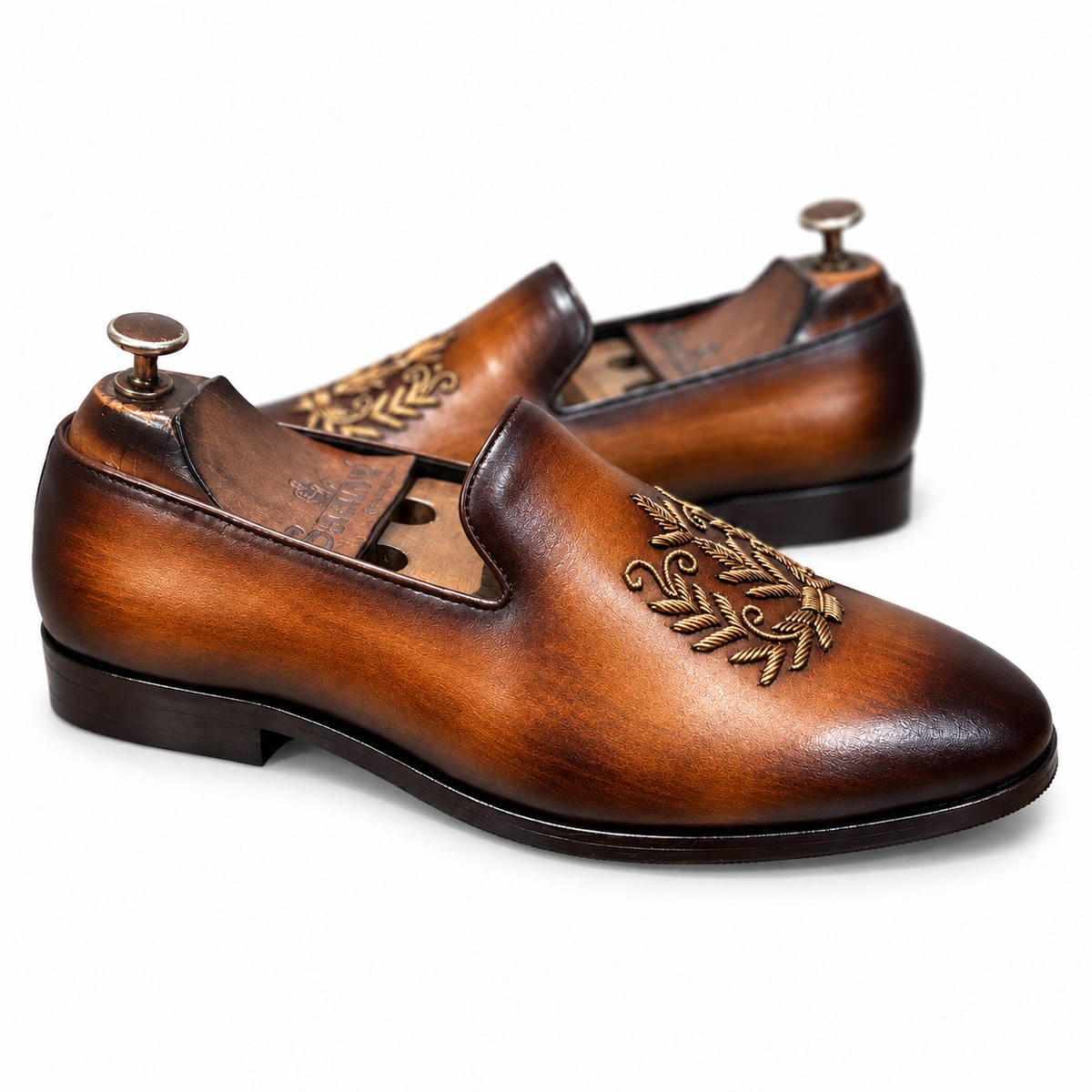 Saalvi Aurelian Cognac Brown Handcrafted Leather Zardosi Loafers
