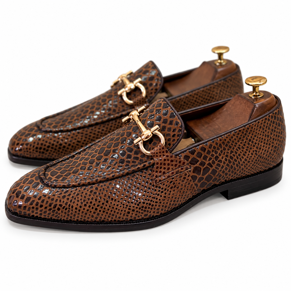Cavaro Brown Snake Foil Horsebit Loafers
