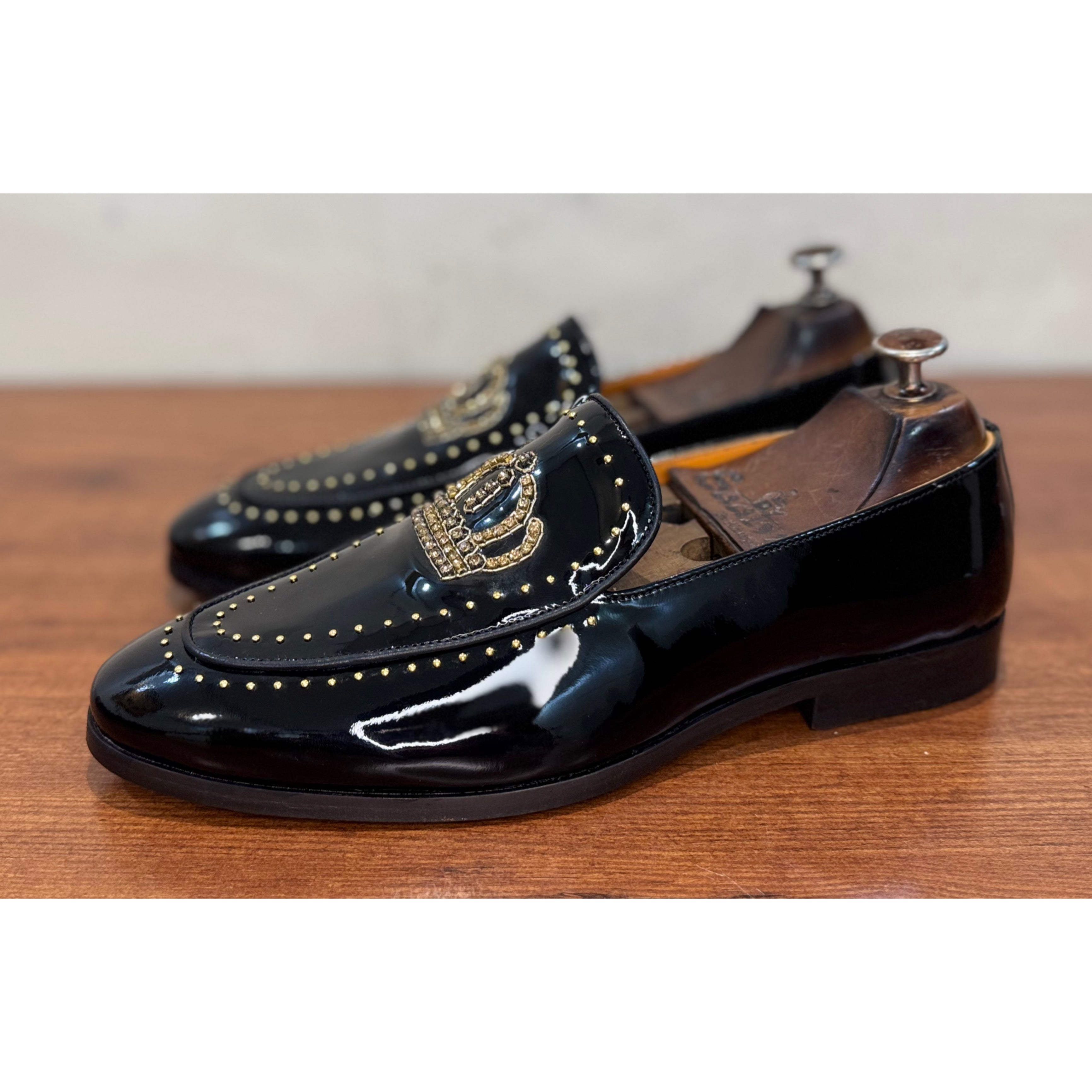 Black Patent Crown Zardosi Slip-Ons