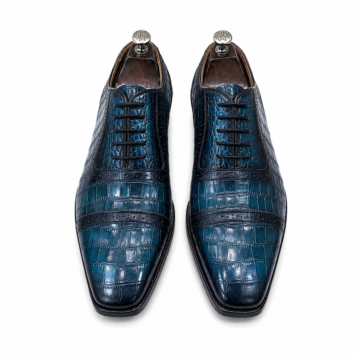 Royal Teal Croc-Embossed Brogue Oxford Shoes