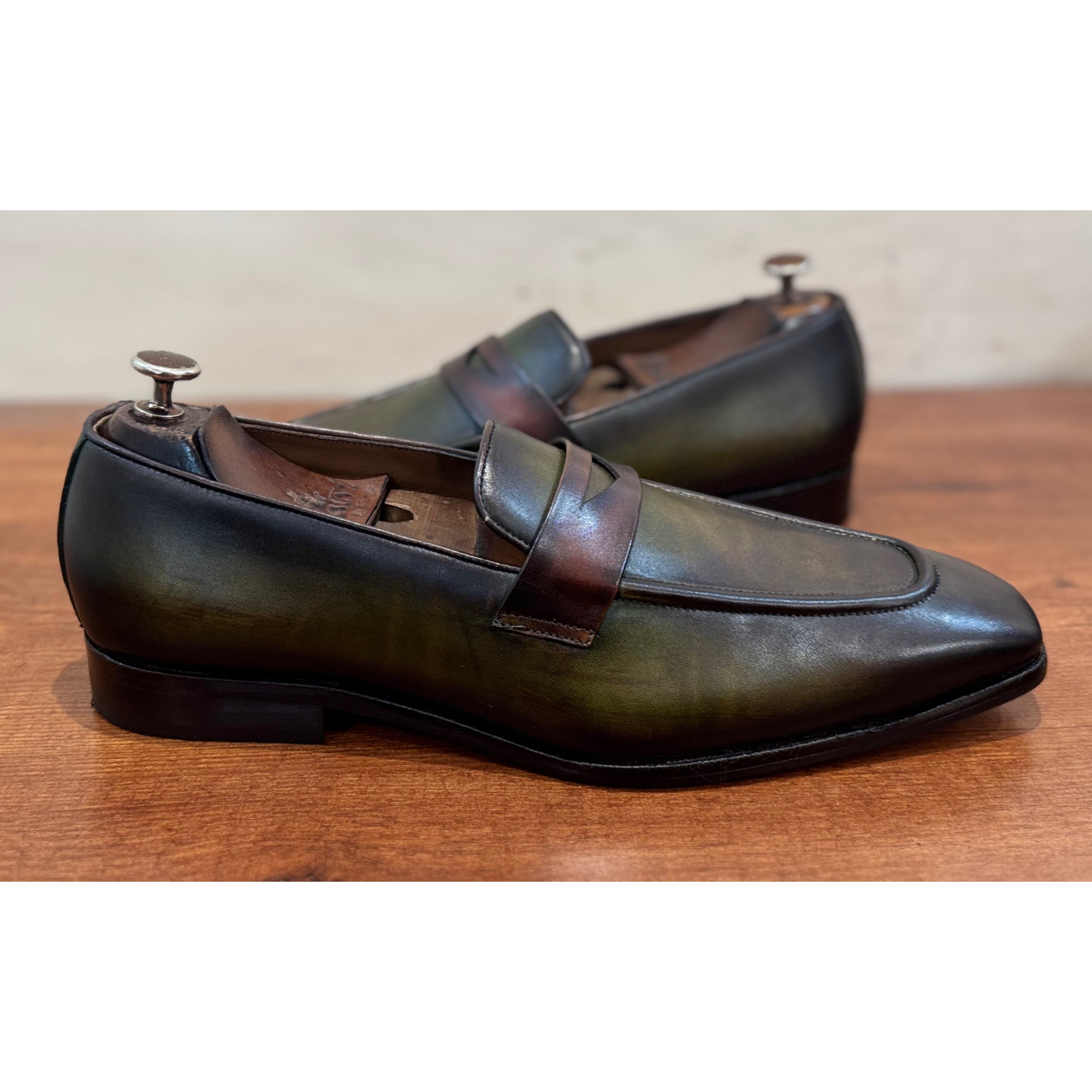 Green Hand Patina Penny Loafers