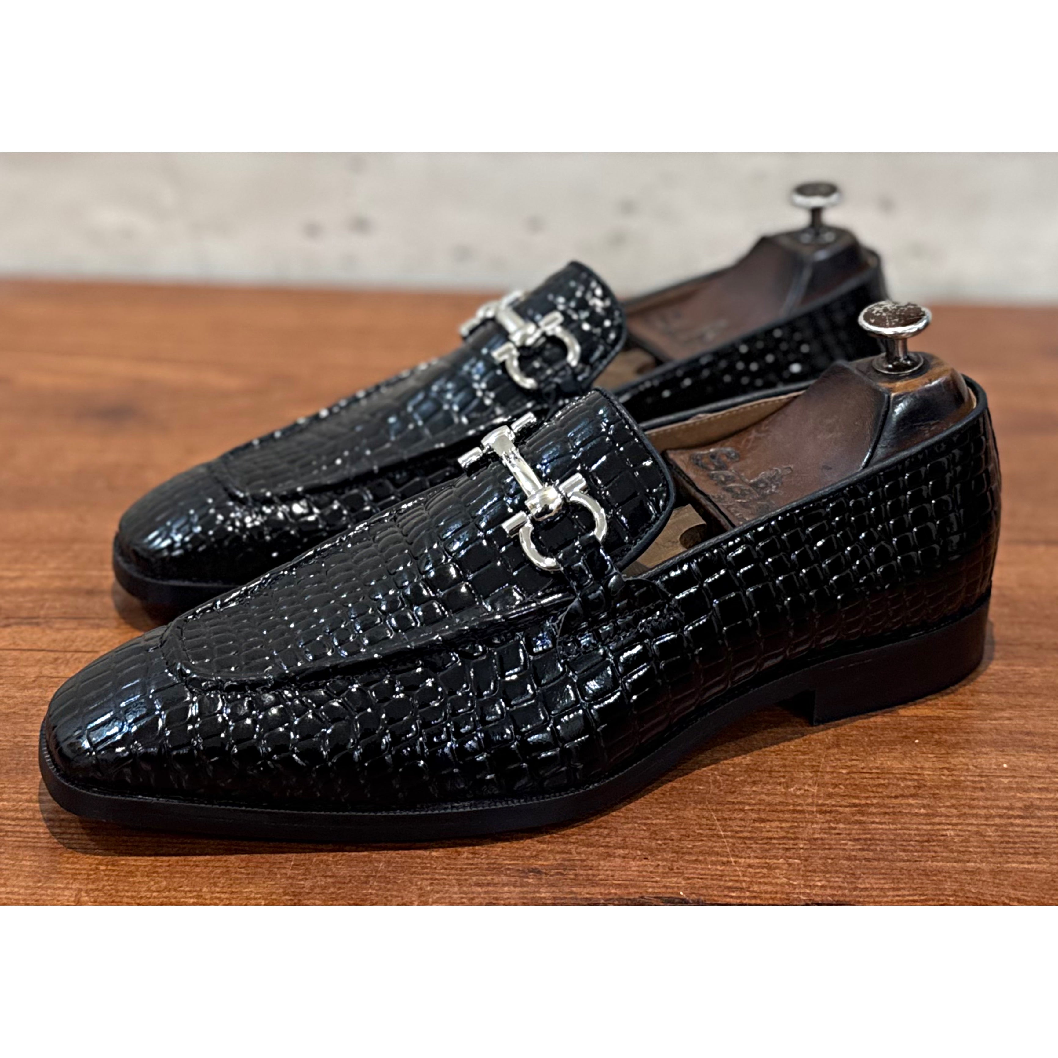 Black Croco Patent Silver Buckle