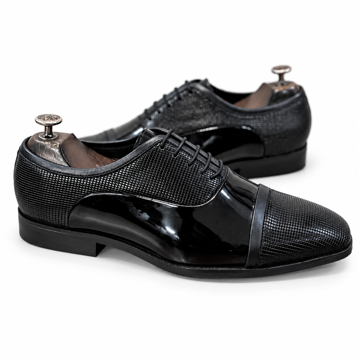 Black Patent Leather Cap-Toe Oxford Shoes – Luxury Textured Formal Dress Shoes