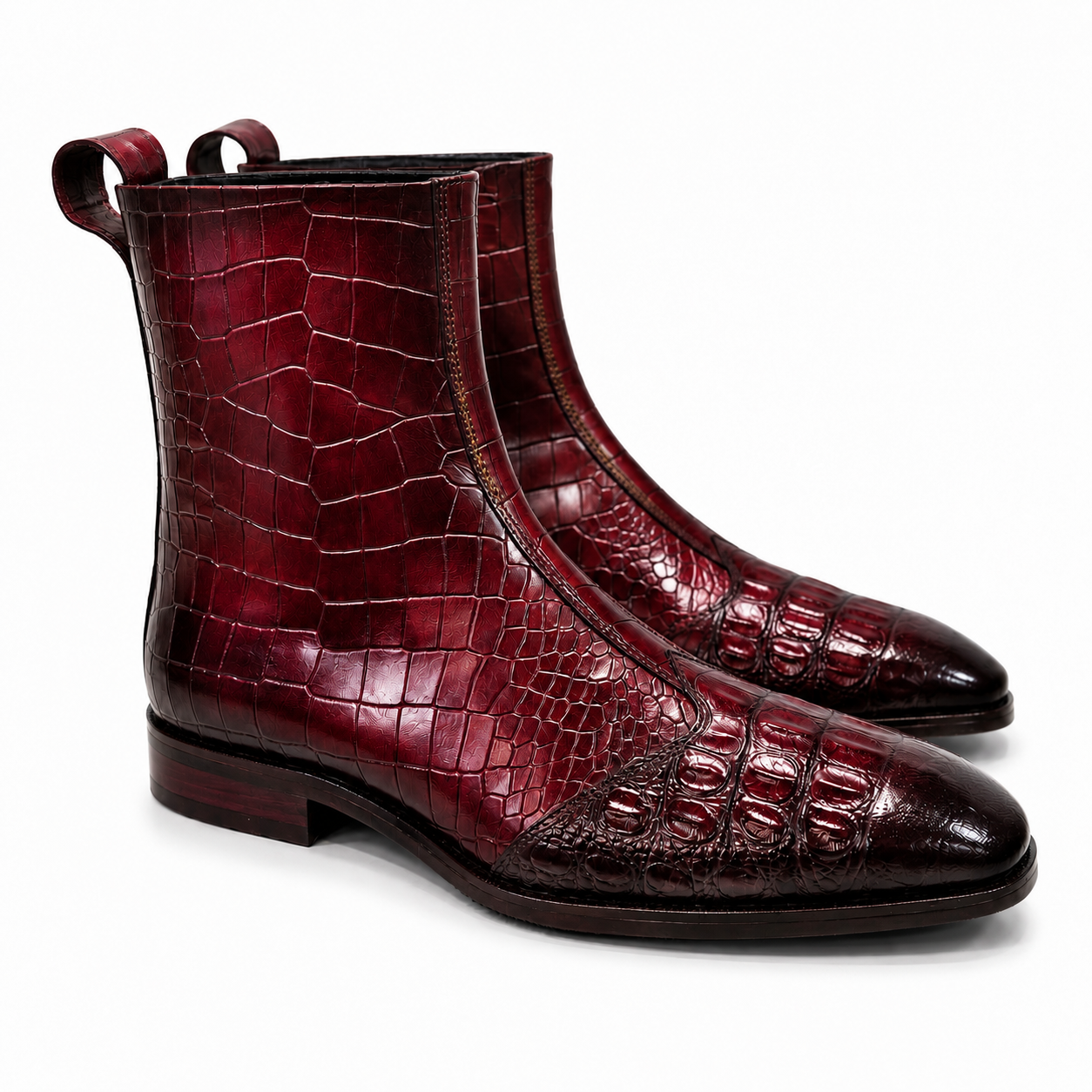 Burgundy Burnished Croc-Embossed Leather Chelsea Boots