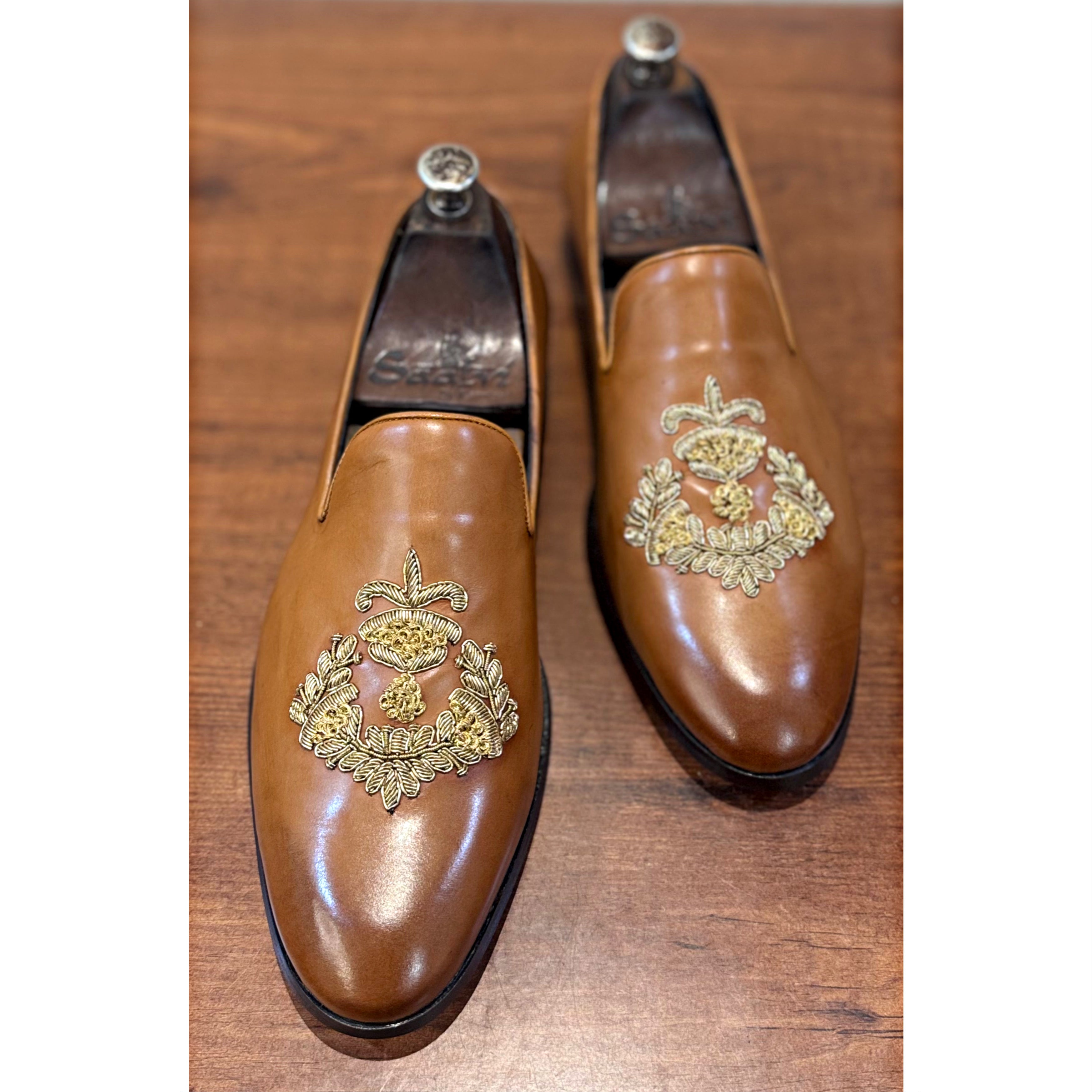 Light Tan Dabka Embroidery Slipon