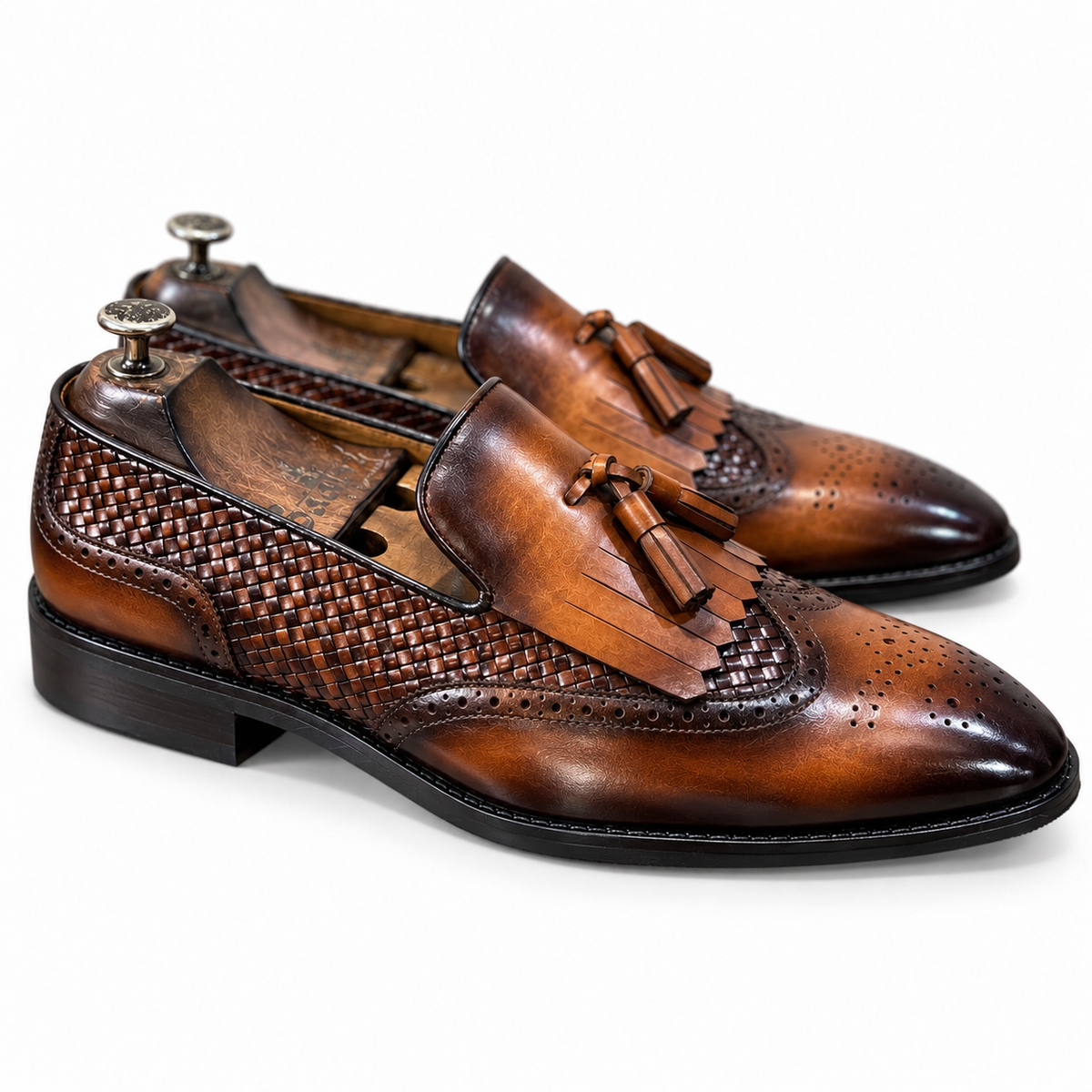 Aurelio Cognac Woven Wingtip Tassel Loafers