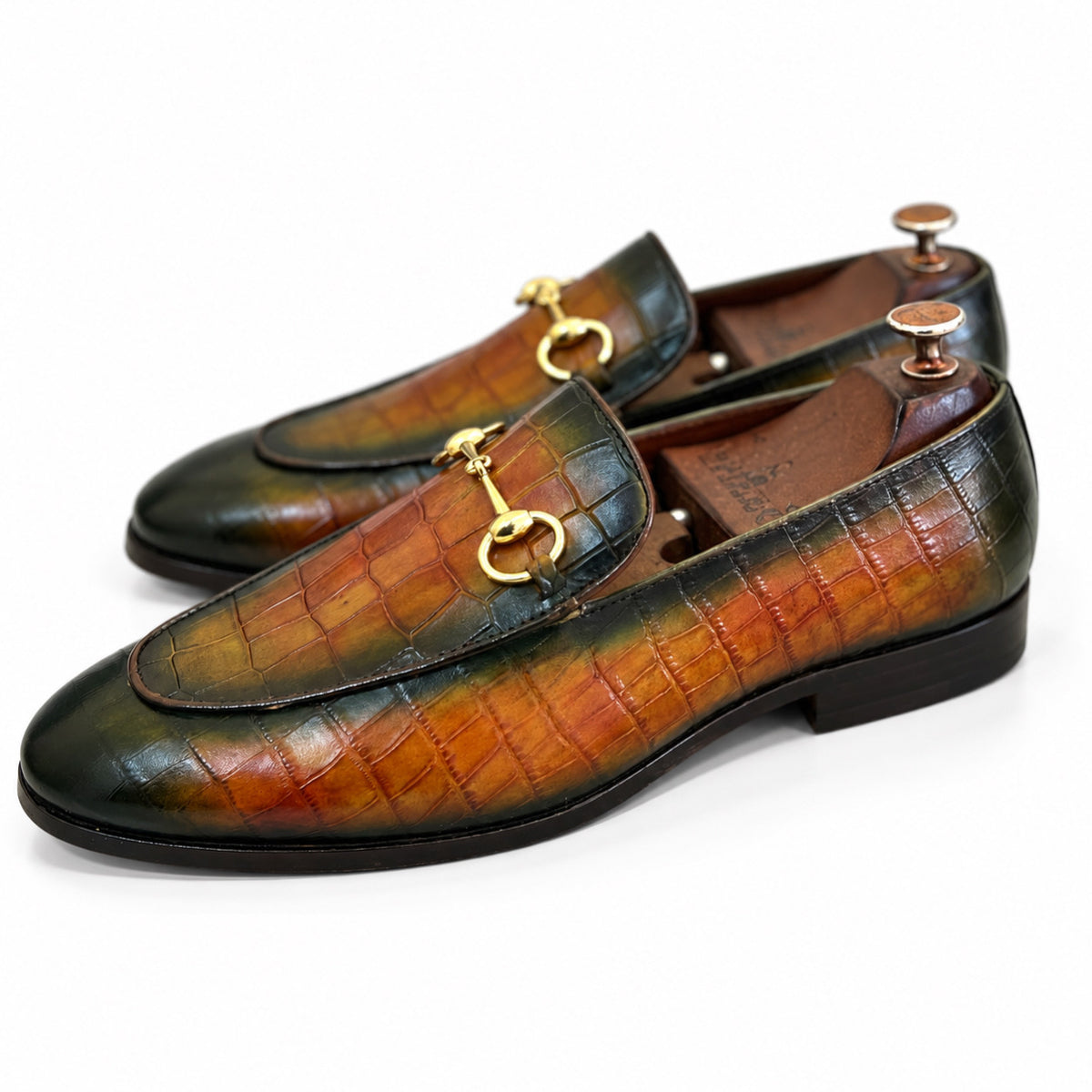 Regent Antique Green Croc Horsebit Loafers