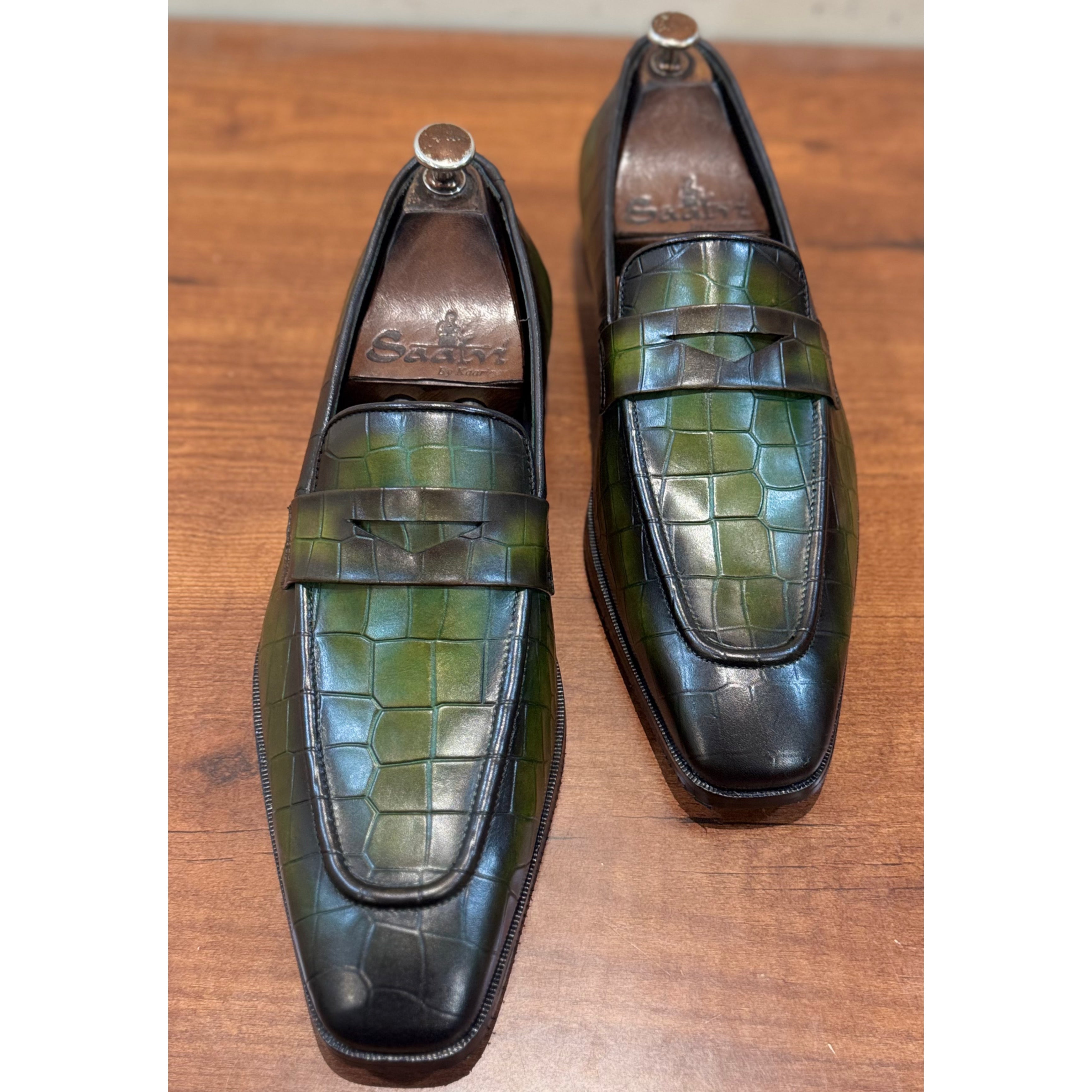 Green Hand Patina Penny Loafers