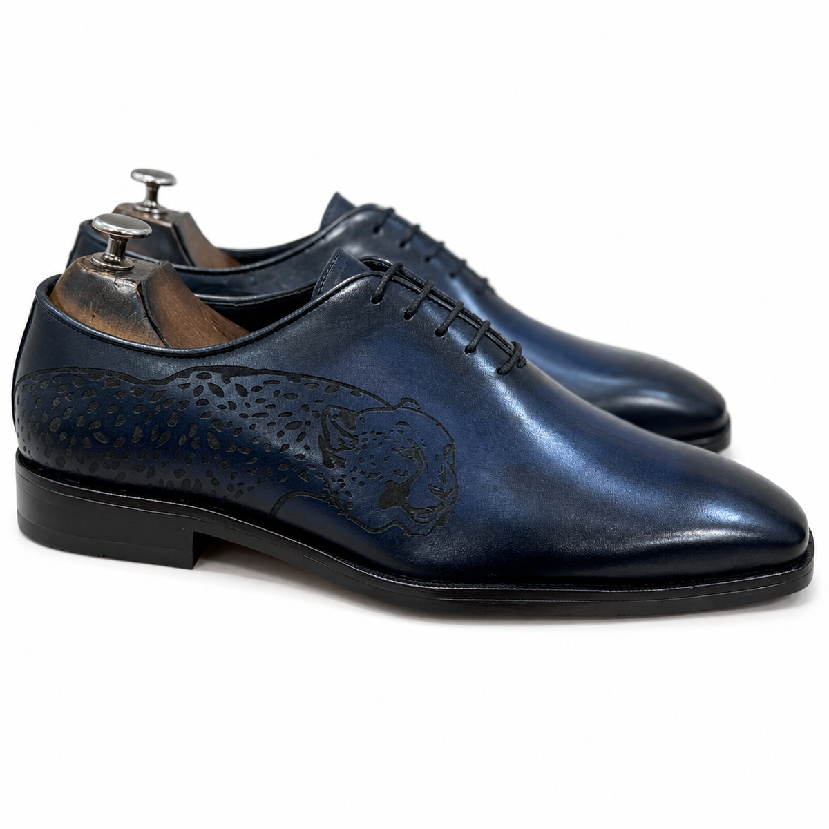 Royal Blue Tiger Wholecut Hand-Finished Leather Shoes