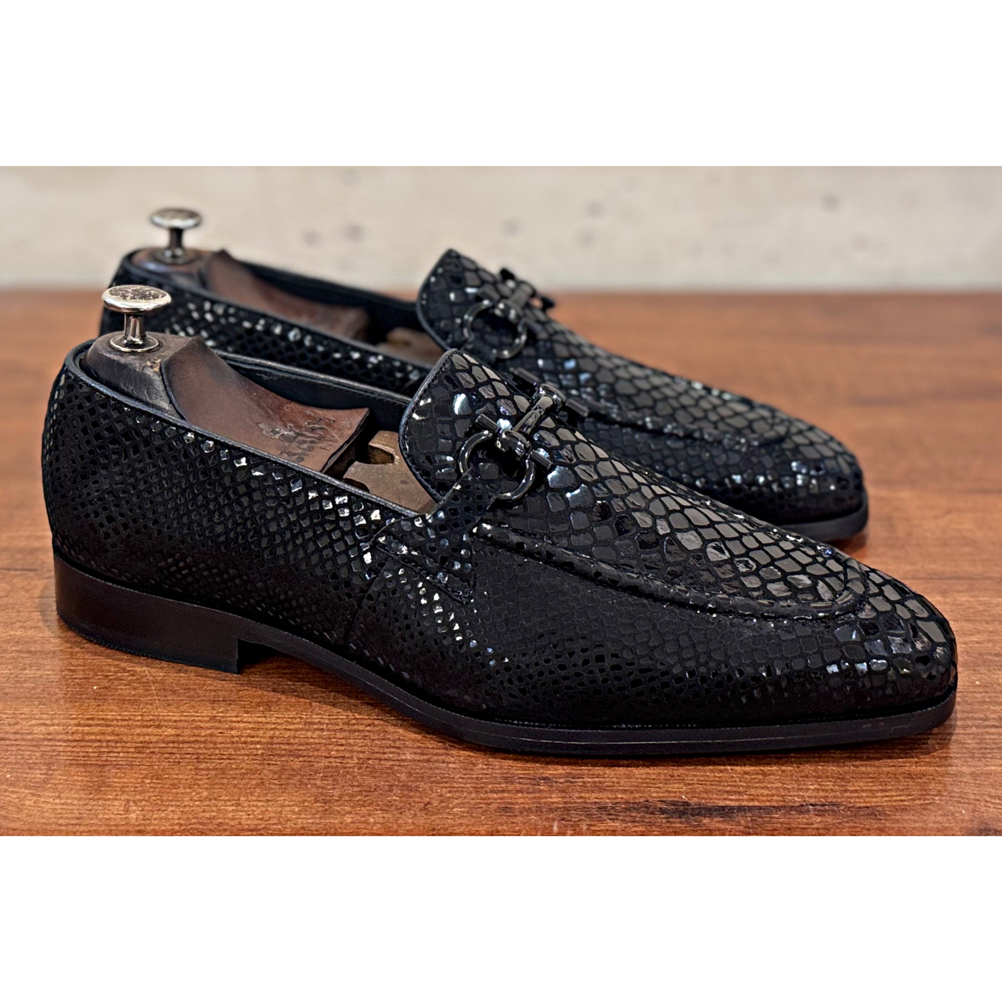 Black Snake Foil Loafers Black Buckle