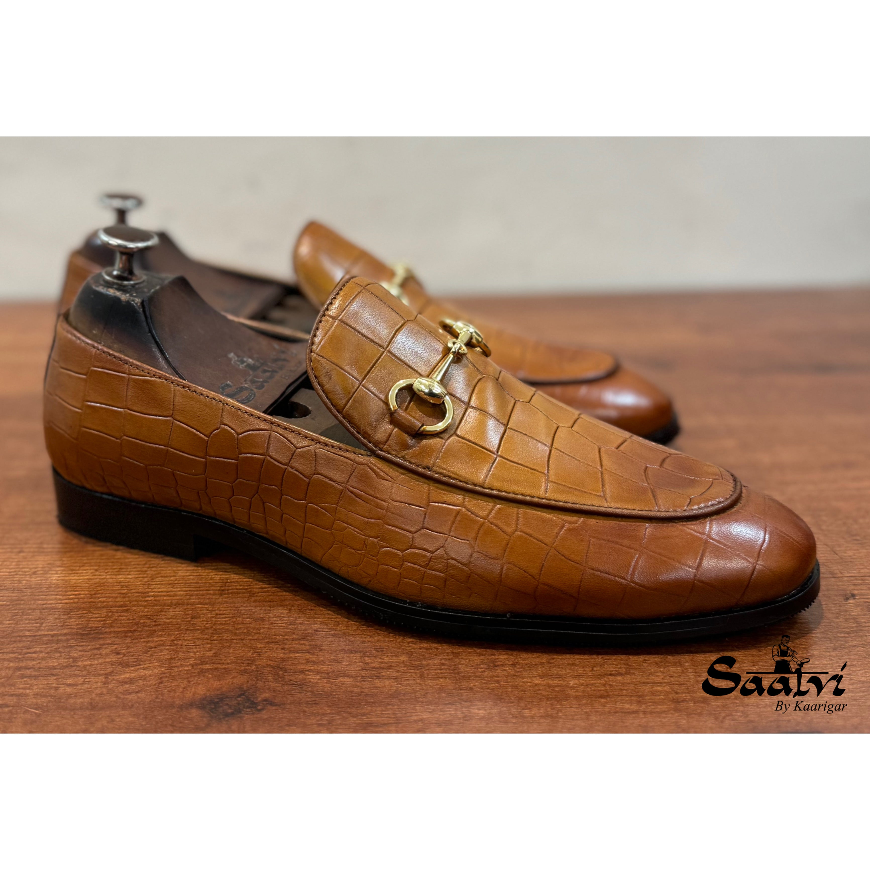 Tan Croco Horsebit Loafers