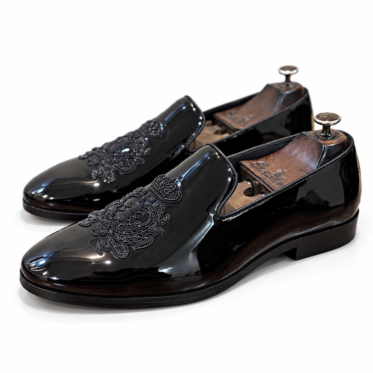 Obsidian Crest – Black Patent Embroidered Loafers