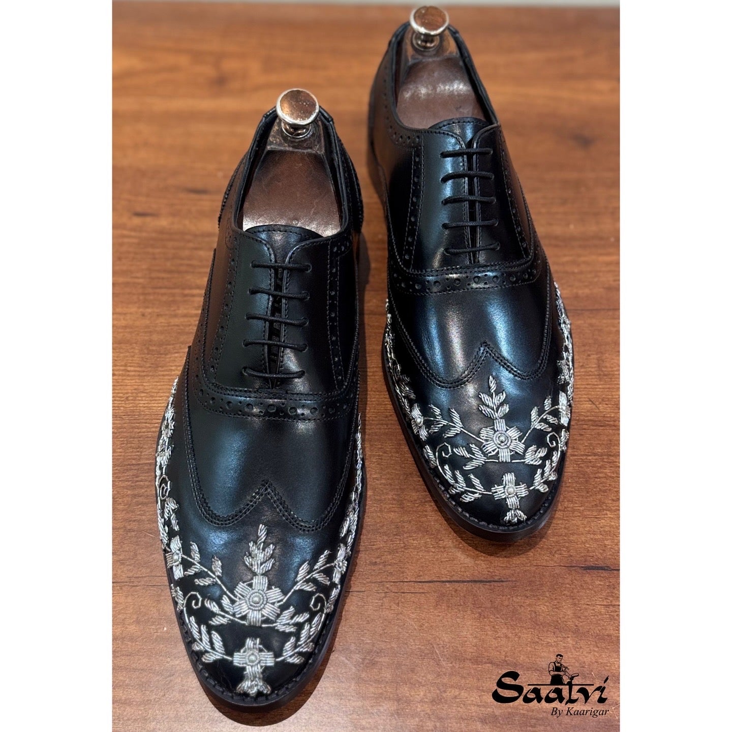 Silver Zardosi Wingtip Black Lace Ups