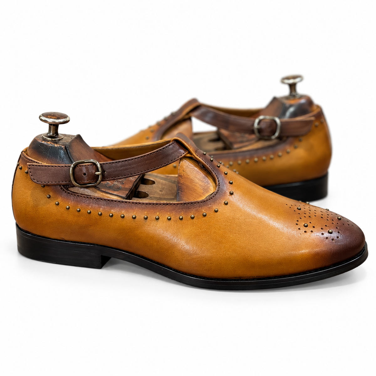 Cognac Studded T-Bar Sandals