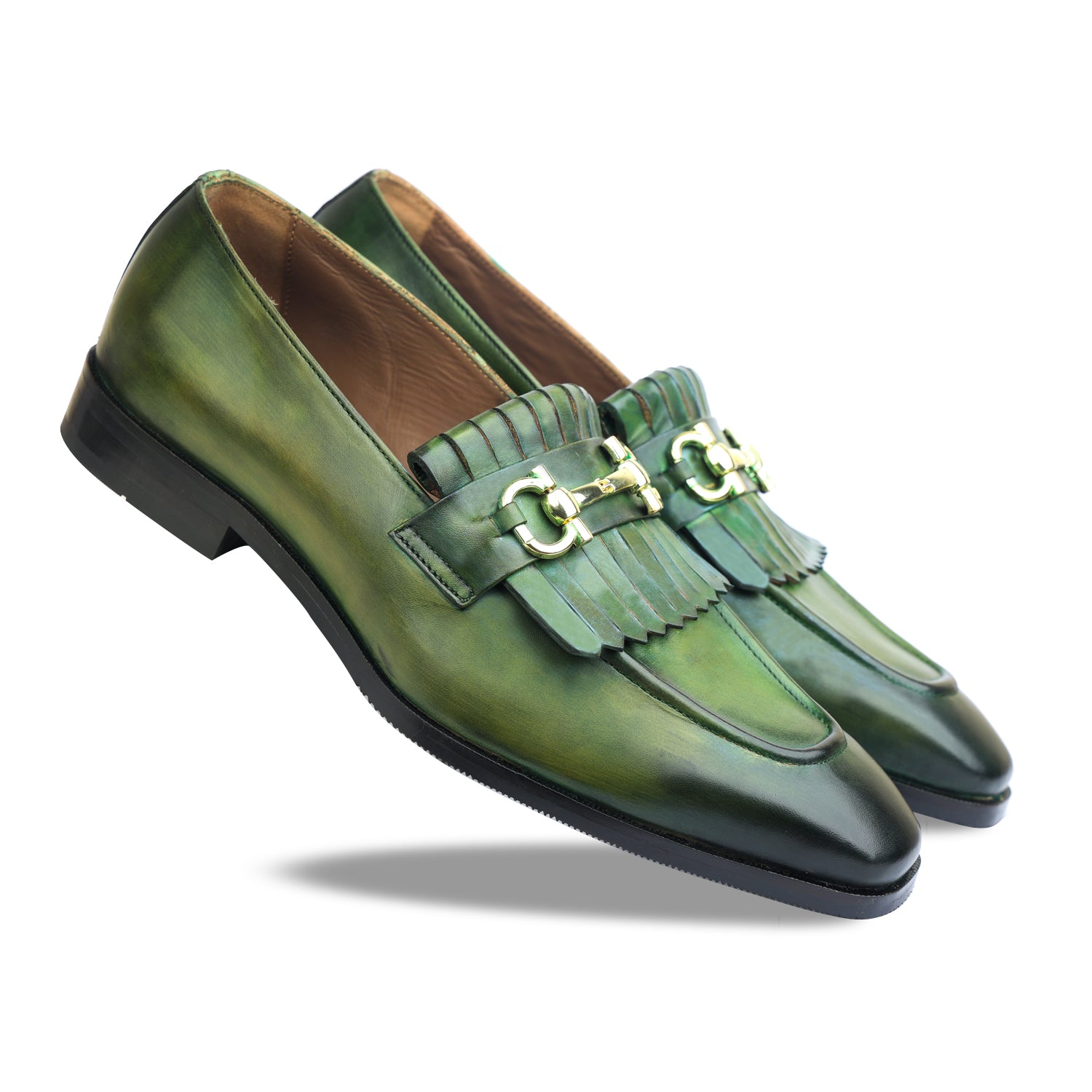 Green Hand Patina Loafers Fringes