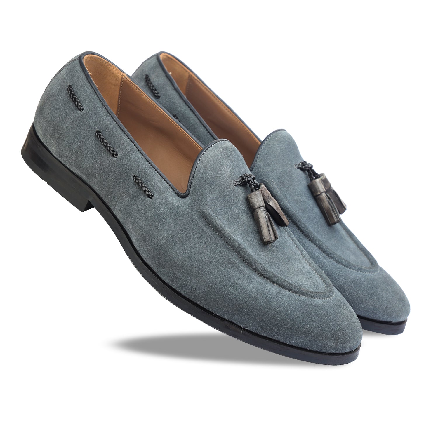 Grey Suede Loafers With Tassels