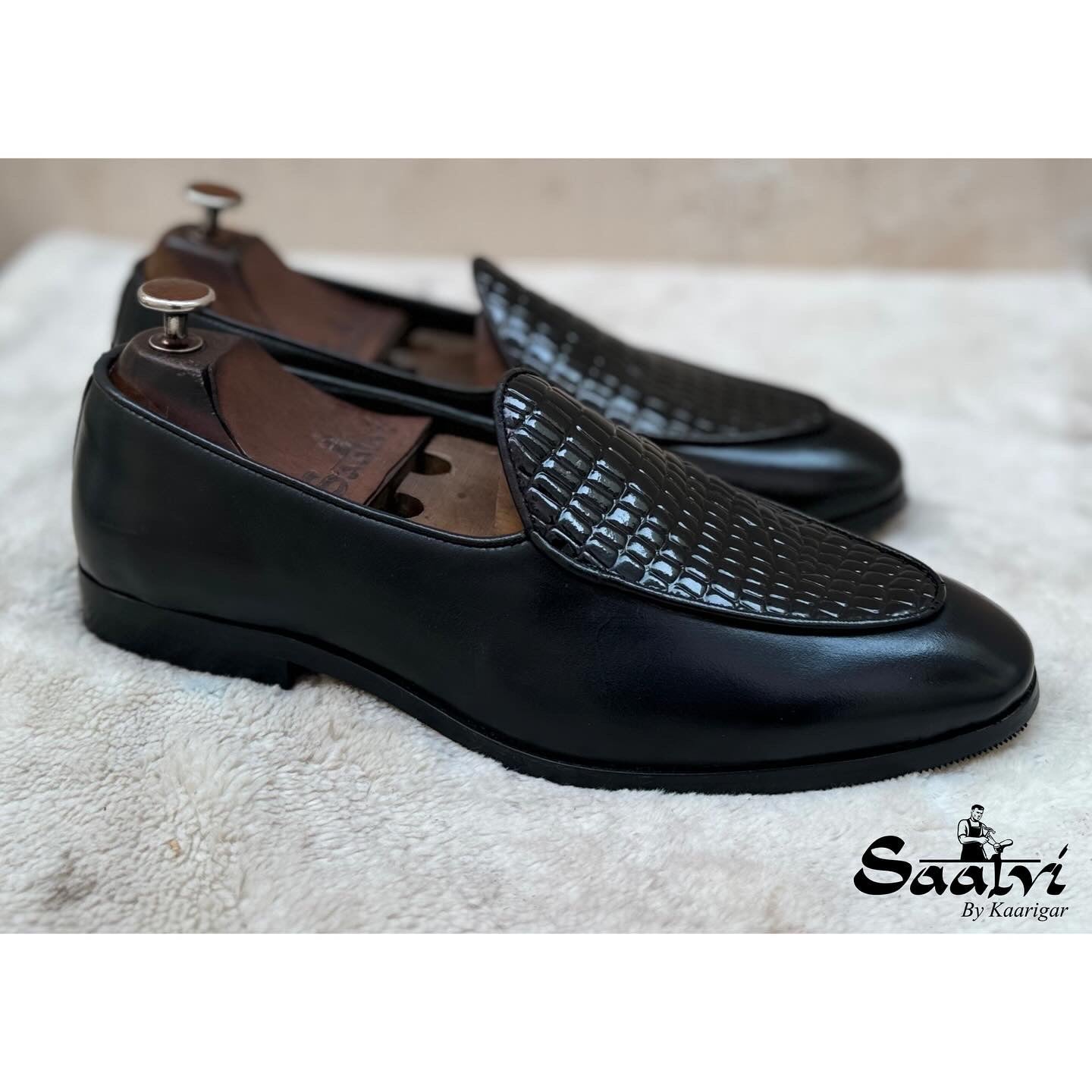 Midnight Croc Belgian Loafers – Luxury Black Embossed Slip-Ons