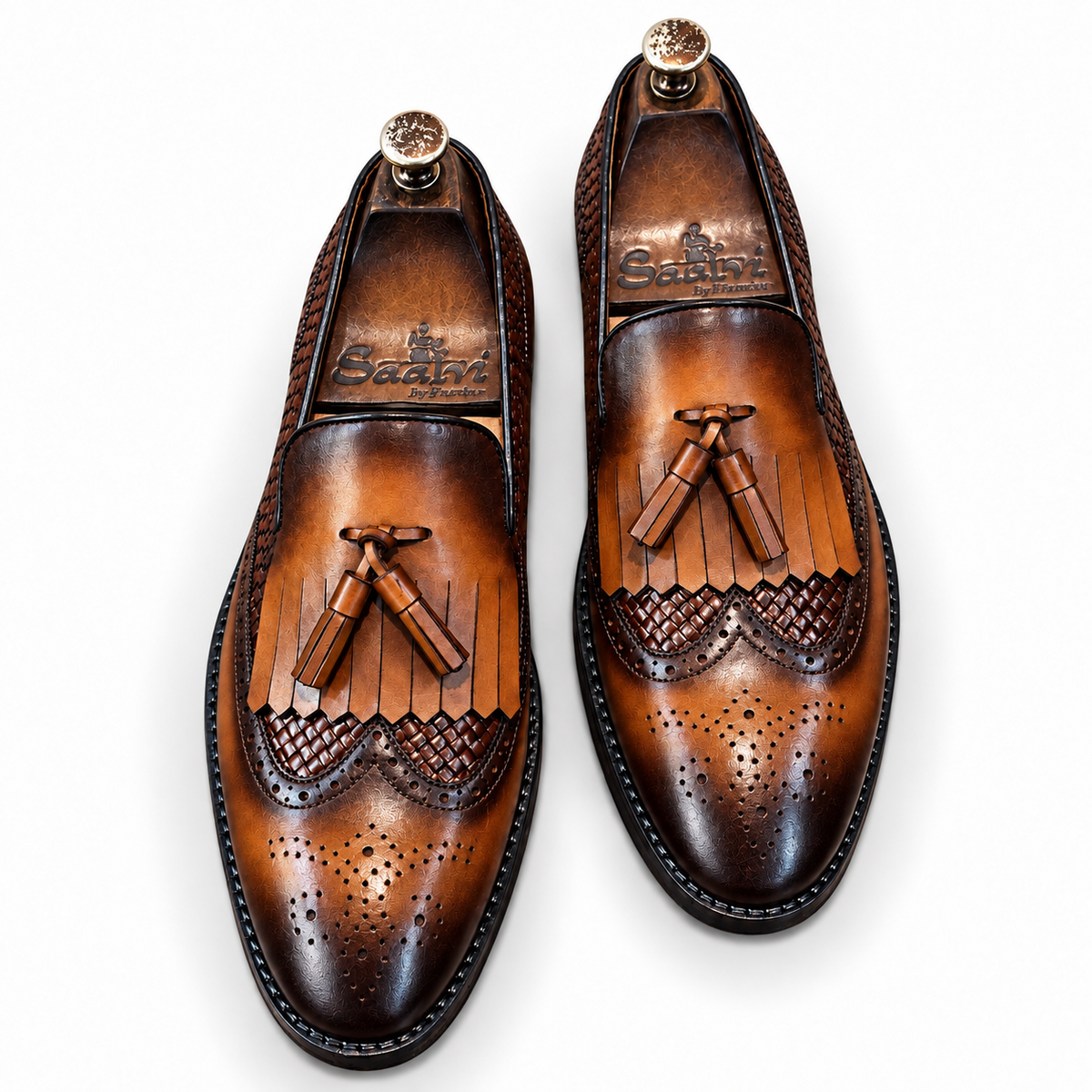 Aurelio Cognac Woven Wingtip Tassel Loafers