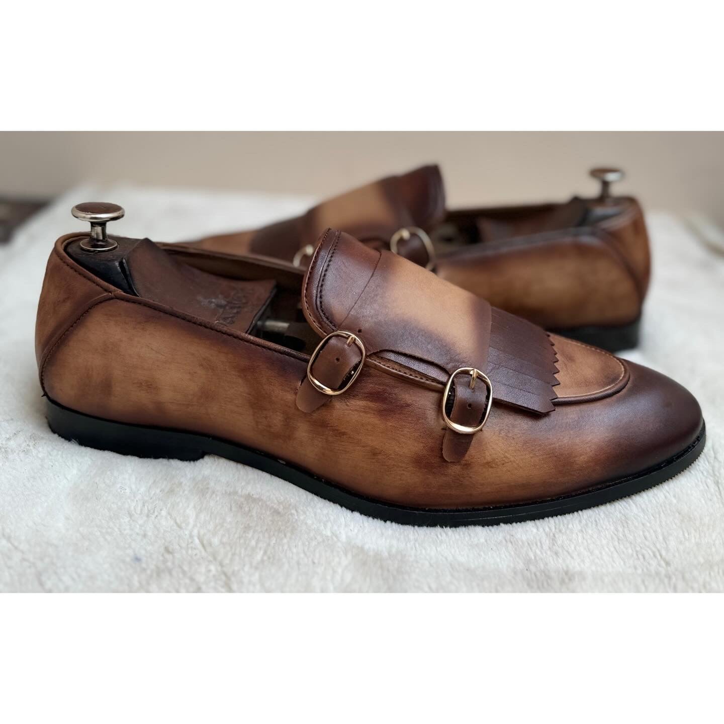 Double Monk Strap Loafers Hand Patina