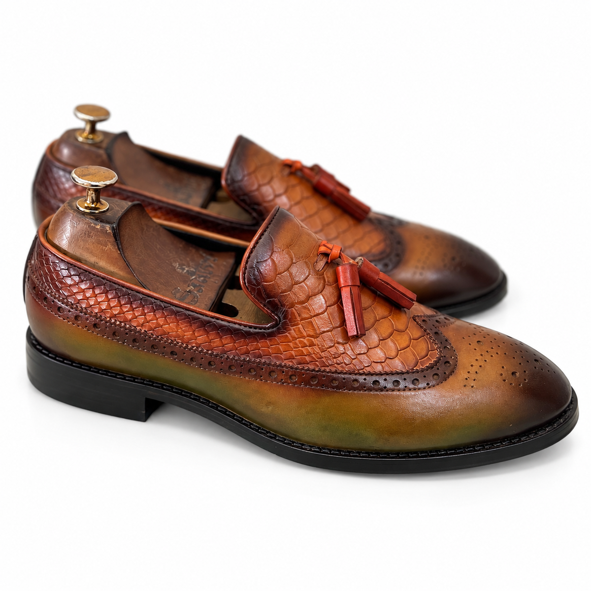 Verdant Cognac Twin-Texture Wingtip Tassel Loafers