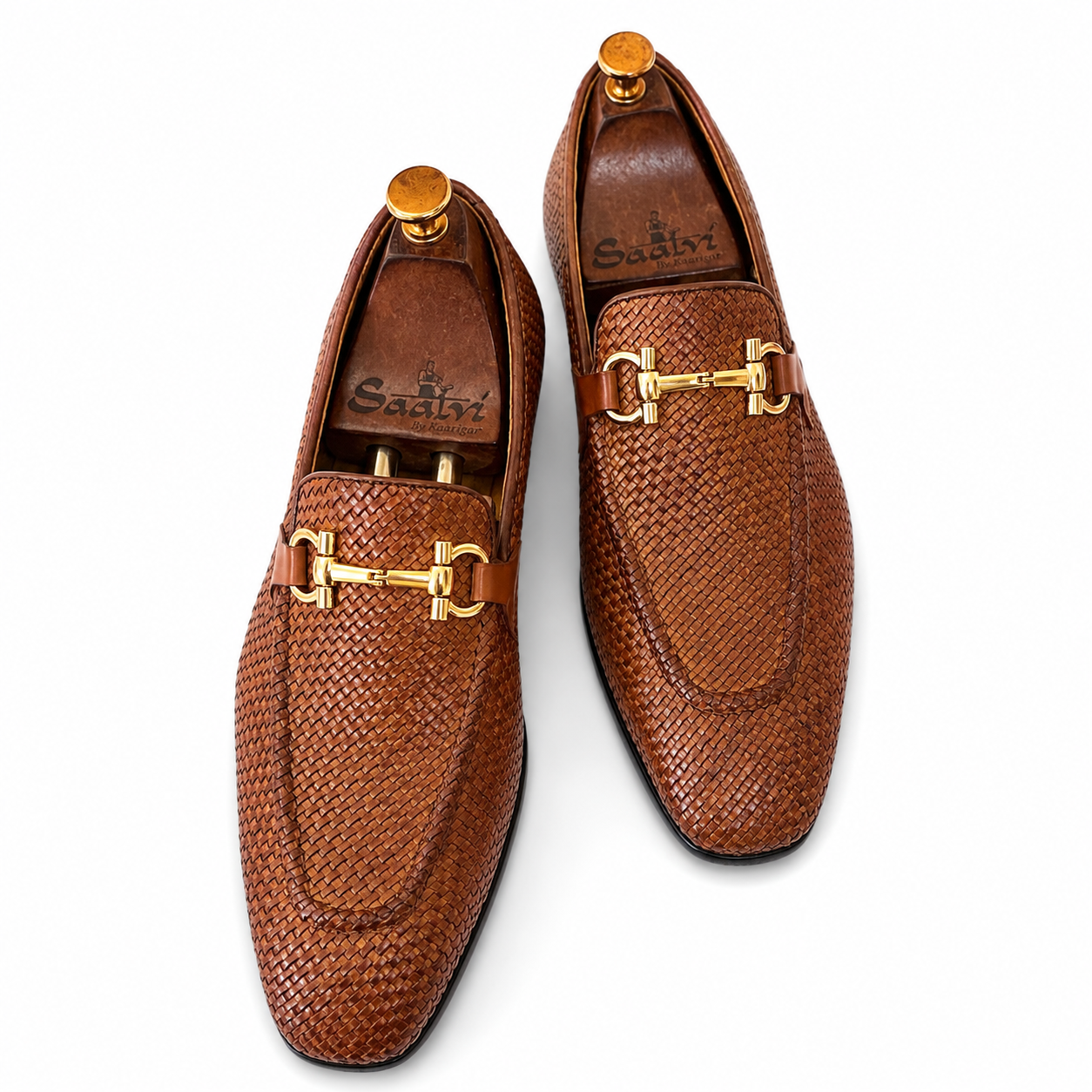 Tan Weave Loafers With Metal Trim