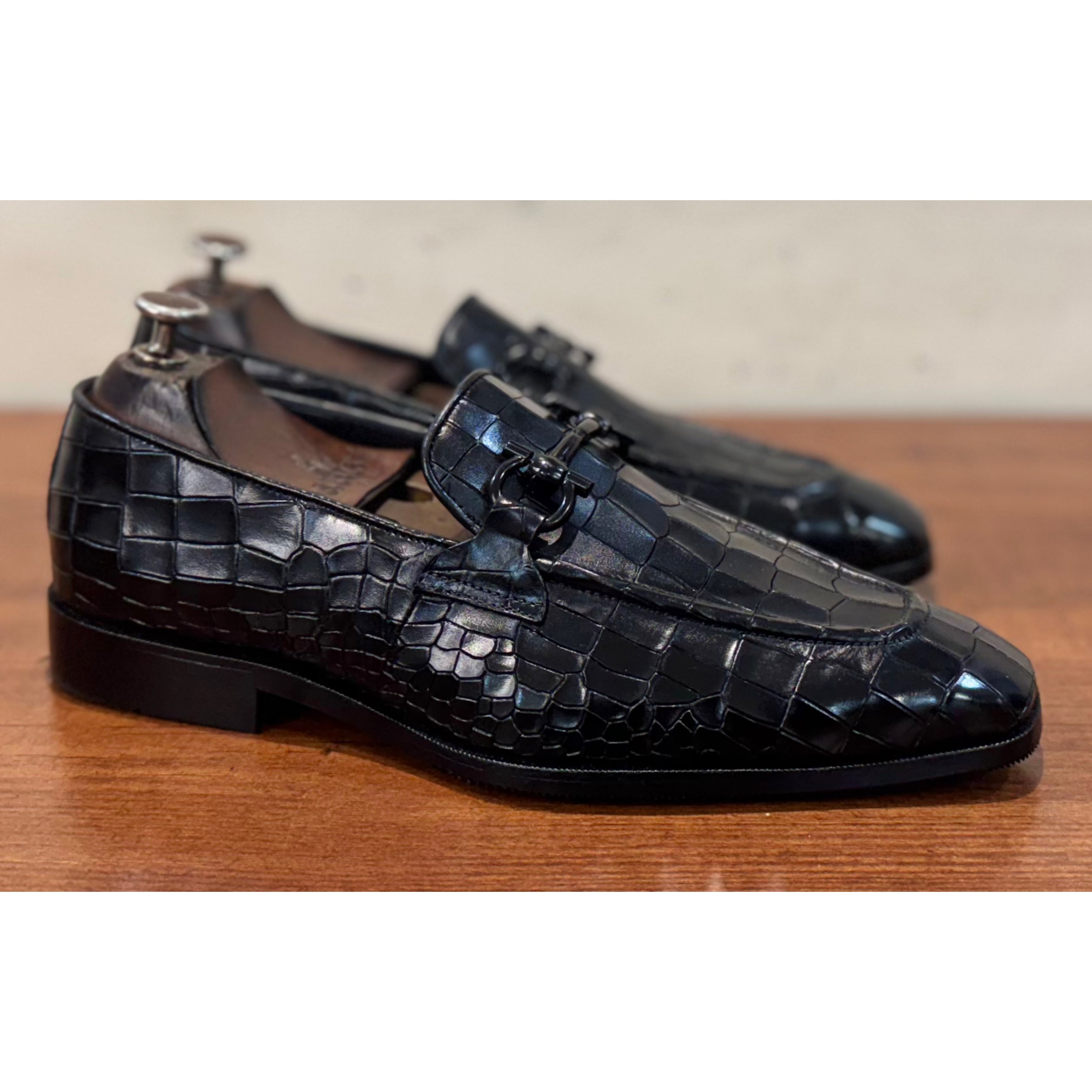 Black Crocodile Loafers With Black Metal Trim