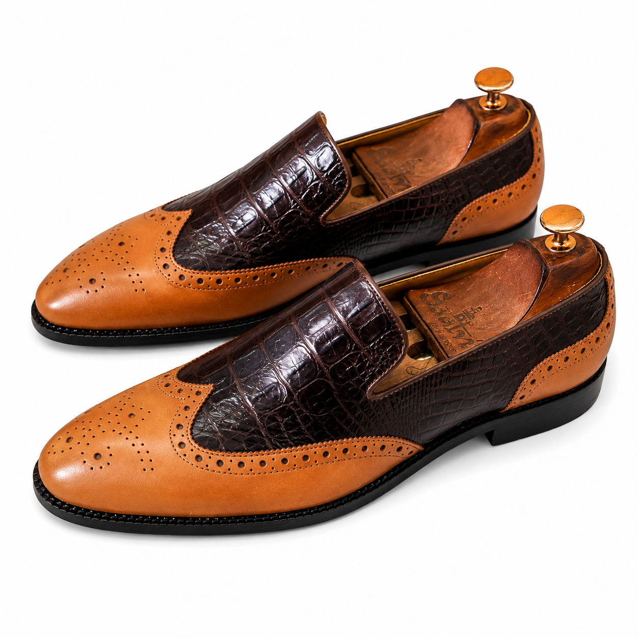 Wingcap Brown Tan Croco Slipons