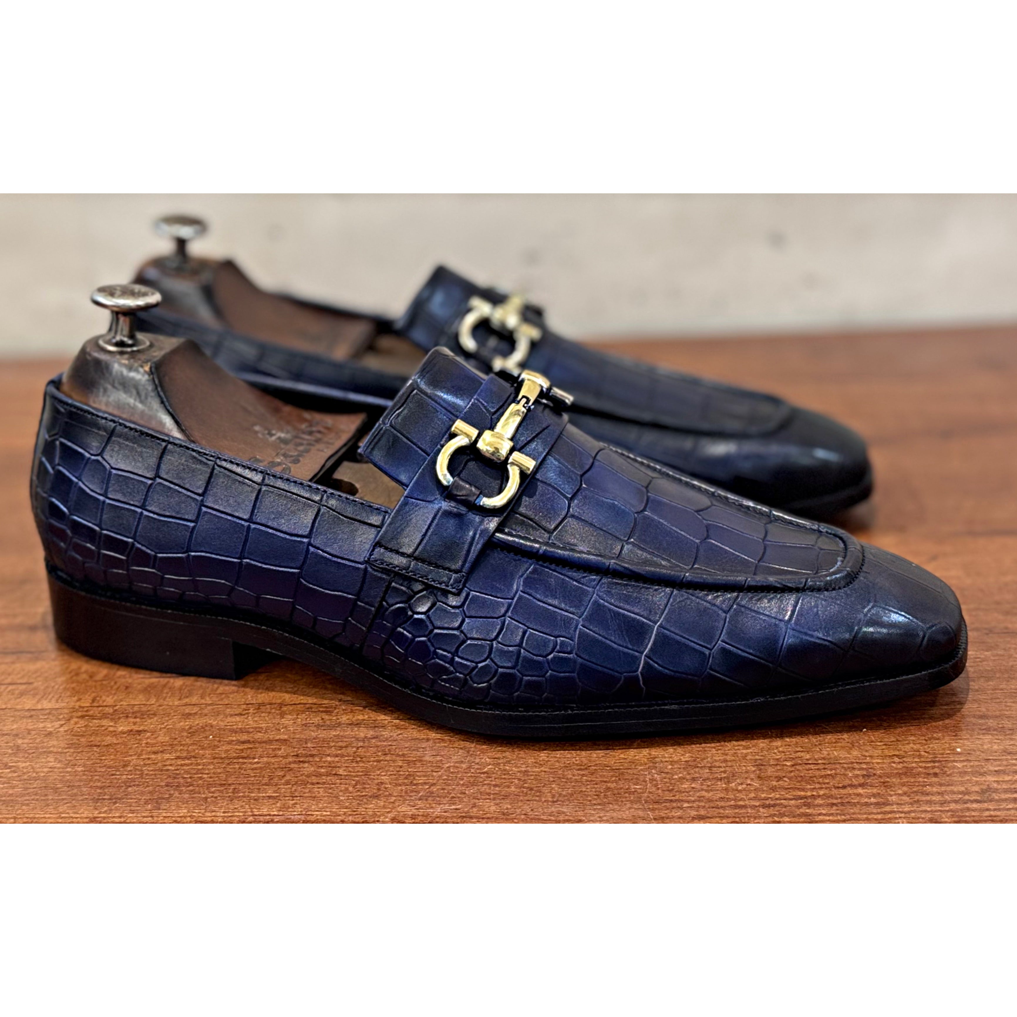 Croco Blue Loafers Golden Buckle