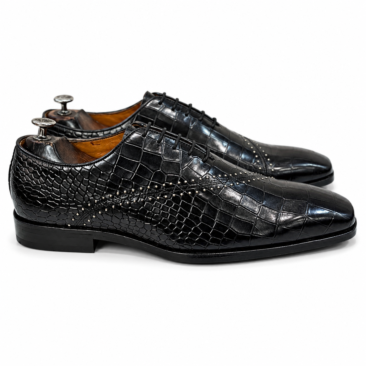Black Croc-Embossed Leather Oxford Shoes – Luxury Studded Formal Dress Shoes