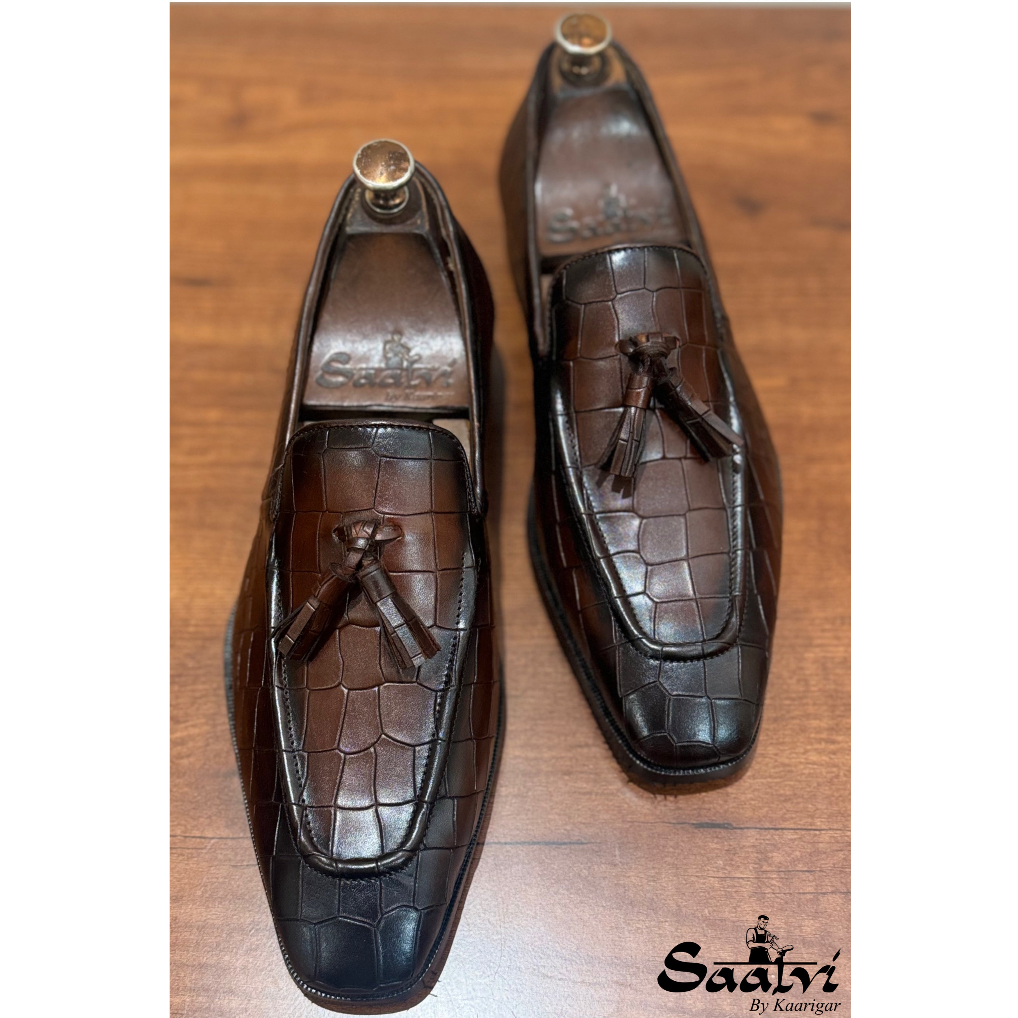 Croco Tassel Loafers Brown