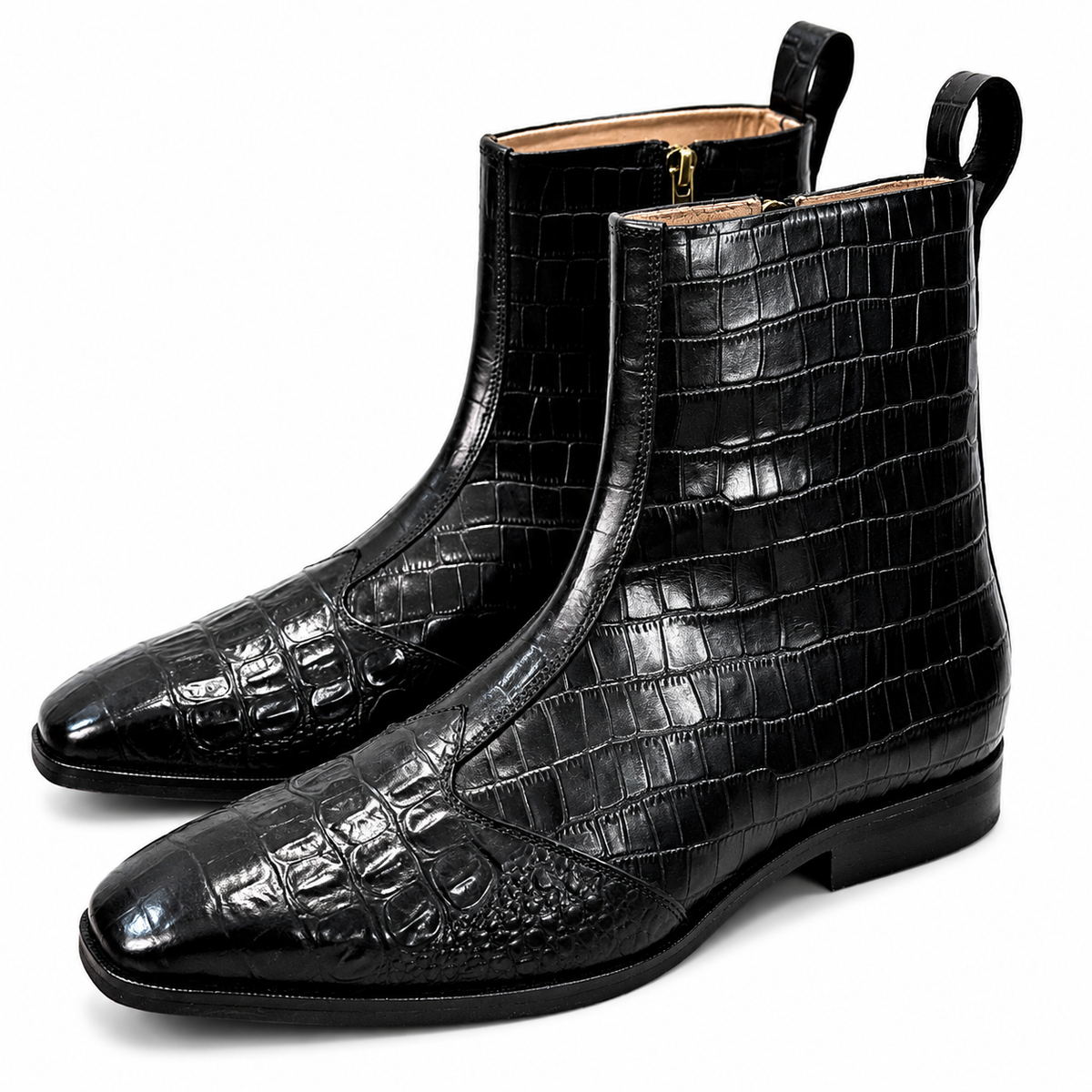 Obsidian Croc Zip Boots – Luxury Black Embossed Ankle Boots