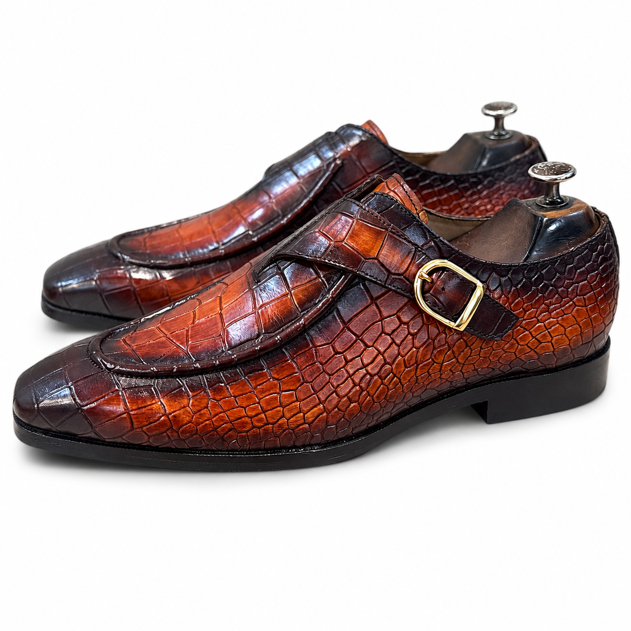 British Croc Patina Single Monk Shoes – Cognac