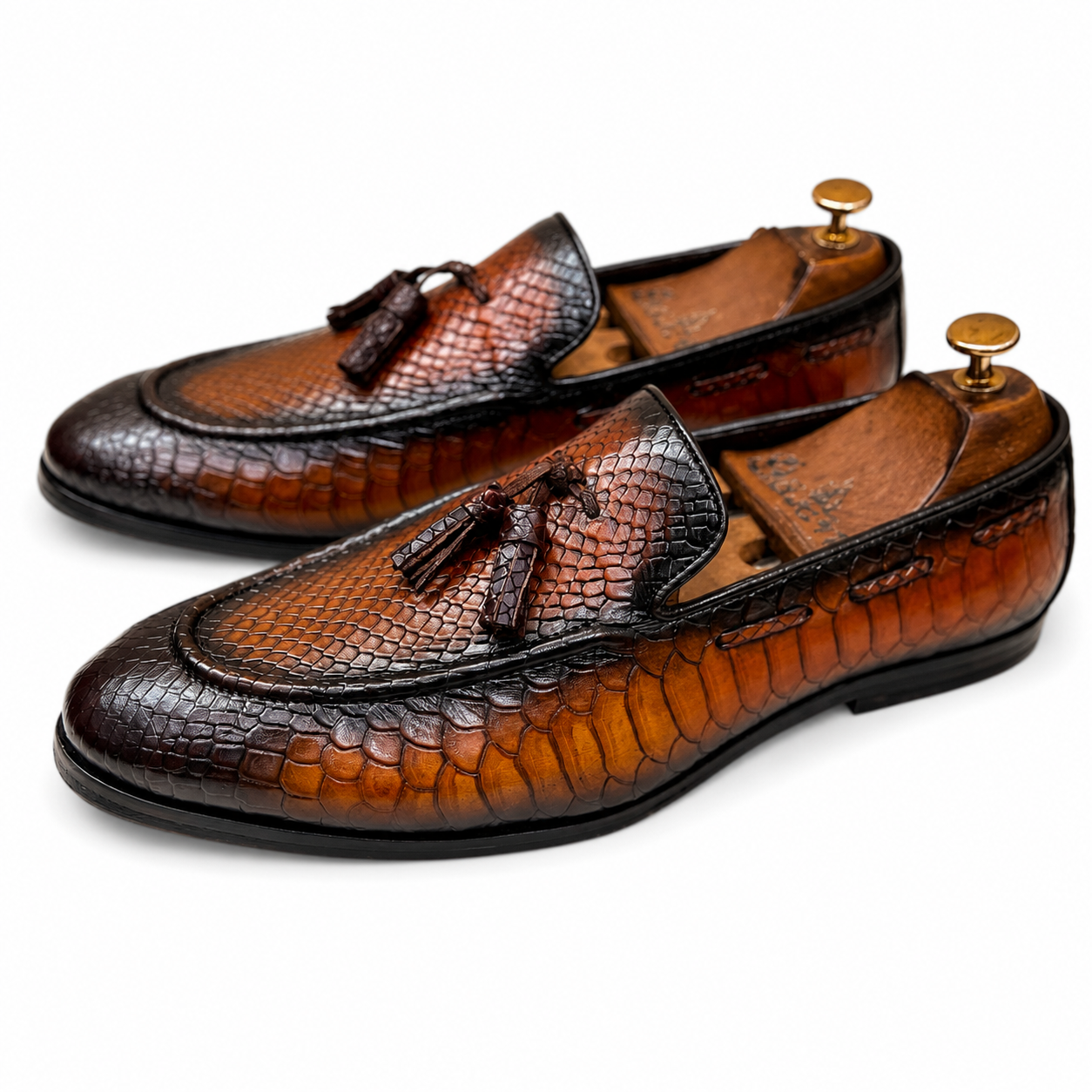 Python Embossed Loafers With Tassels Hand Finished
