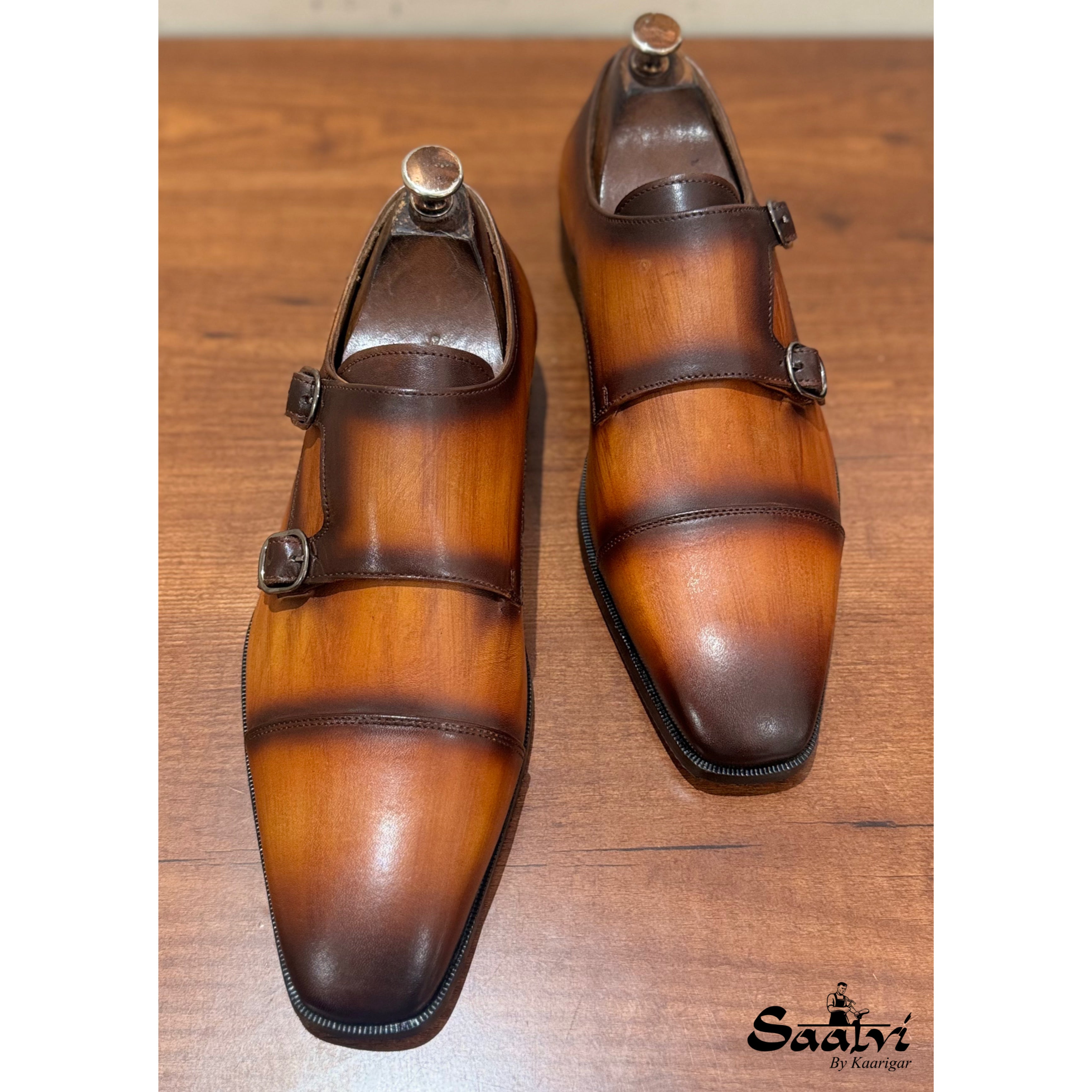 Tan Leather Double Monk Strap Hand Finished