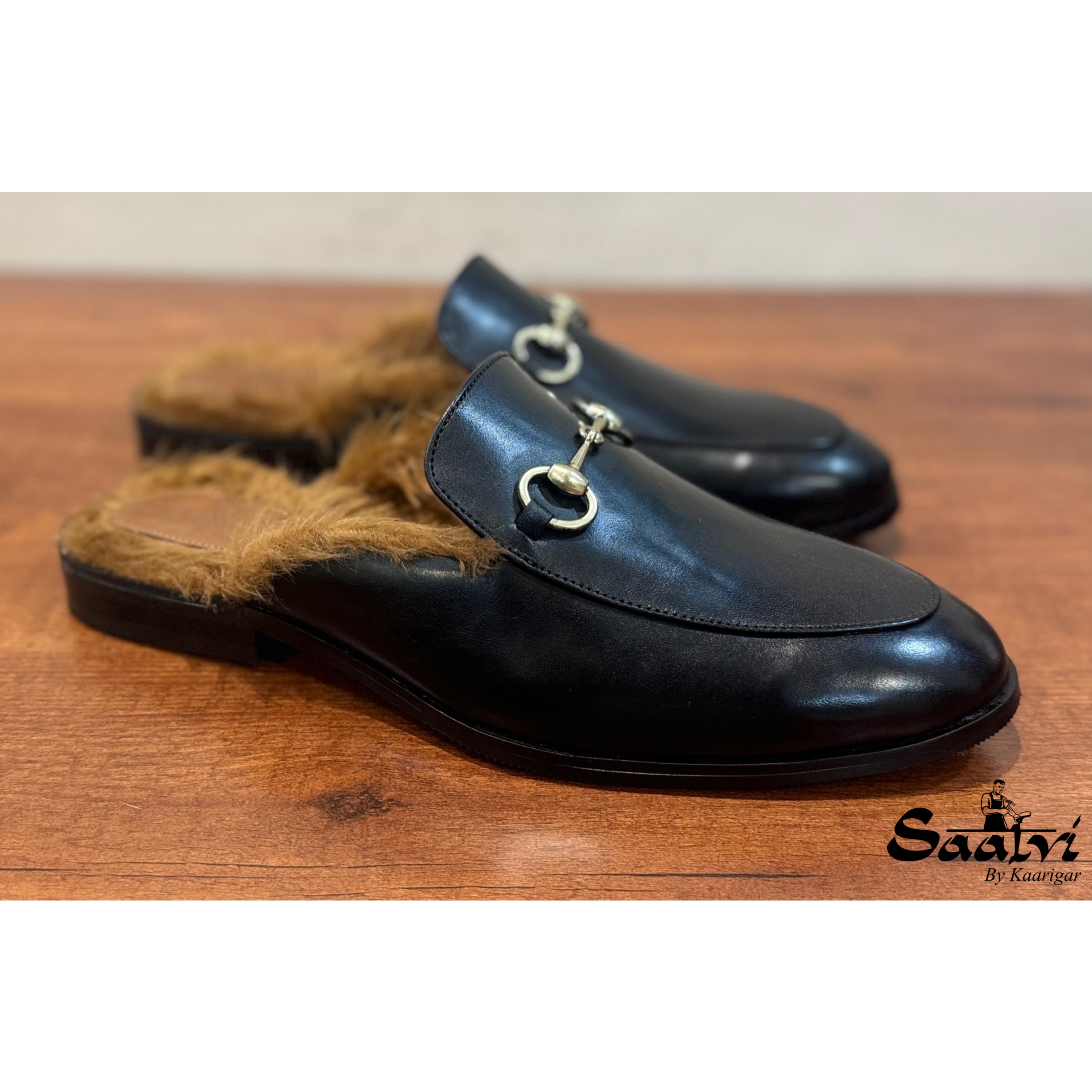 Black Horsebit Mules With Fur