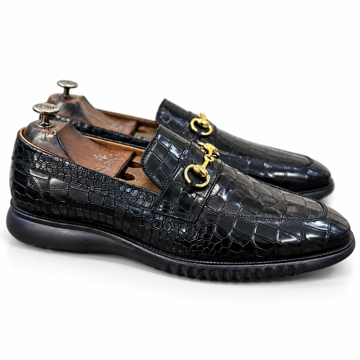 Noir Croco Lug-Sole Horsebit Loafers