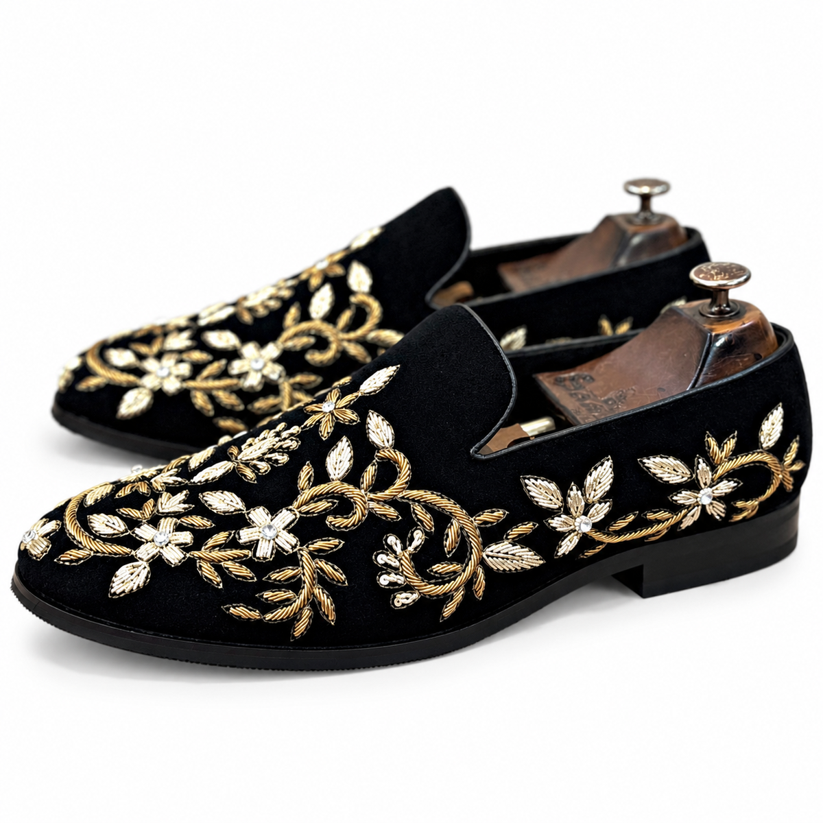 Noor Black Embroidered Velvet Loafers