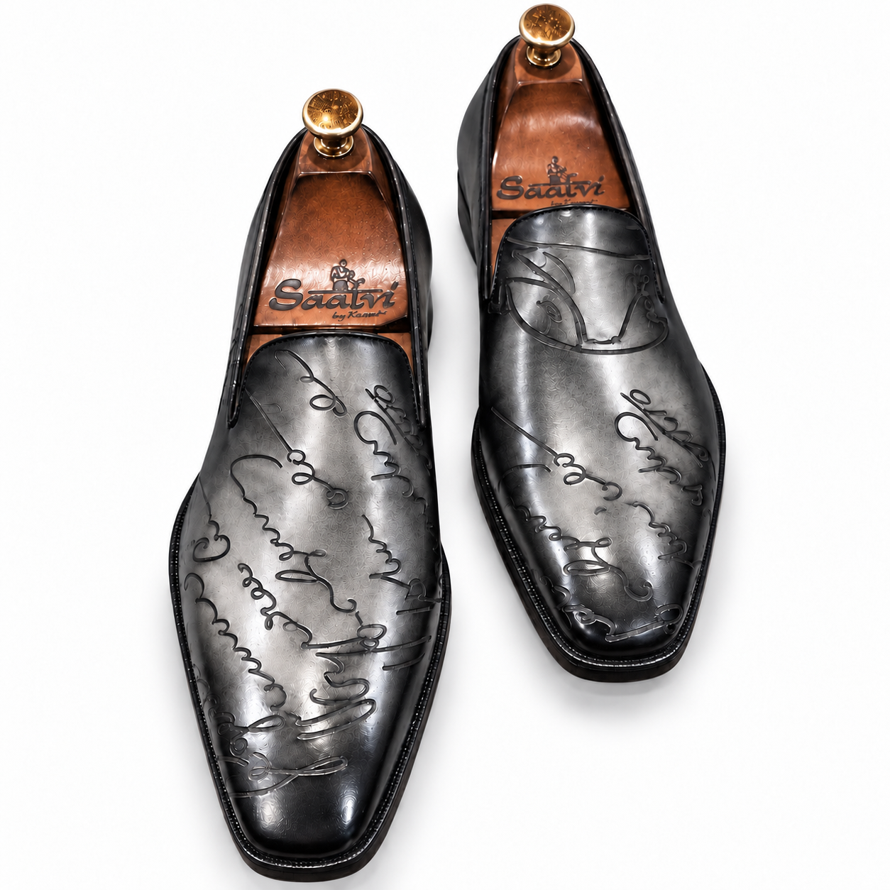 Saalvi Noir Artisan Script Leather Loafers