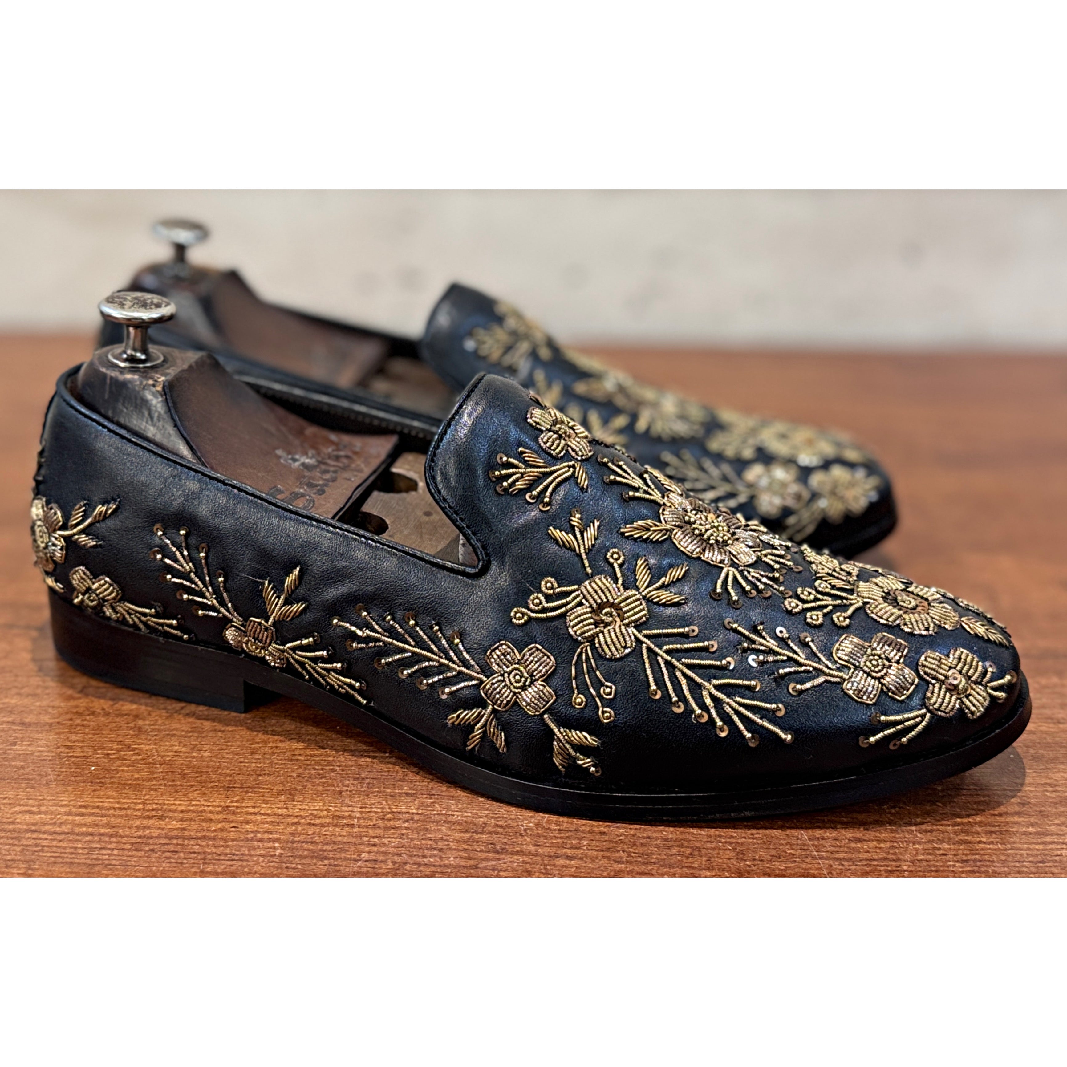Royal Noir Gold Embroidered Loafers