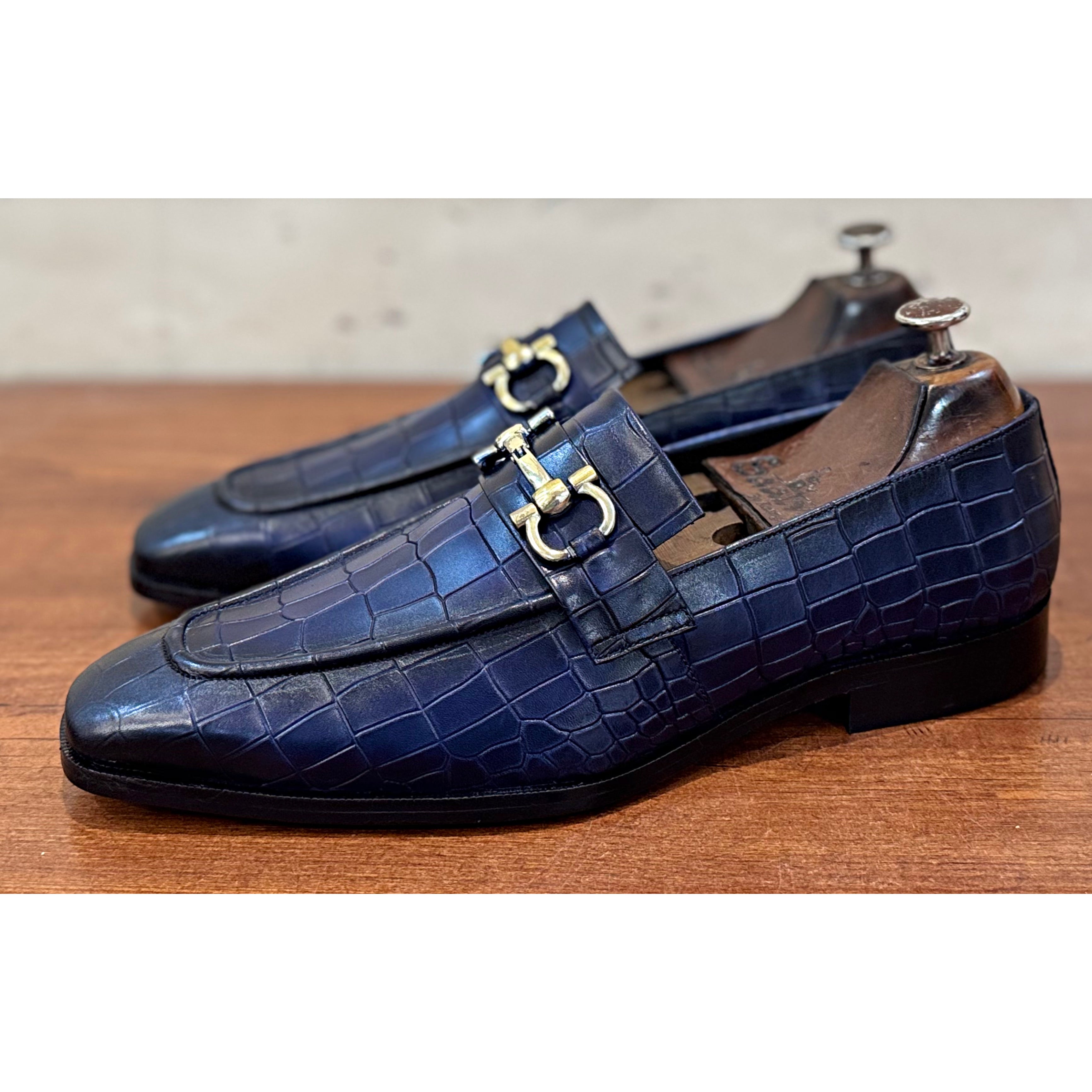Croco Blue Loafers Golden Buckle