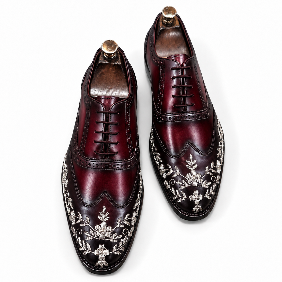 Velour Noir — Burgundy Embroidered Wingtip Oxford