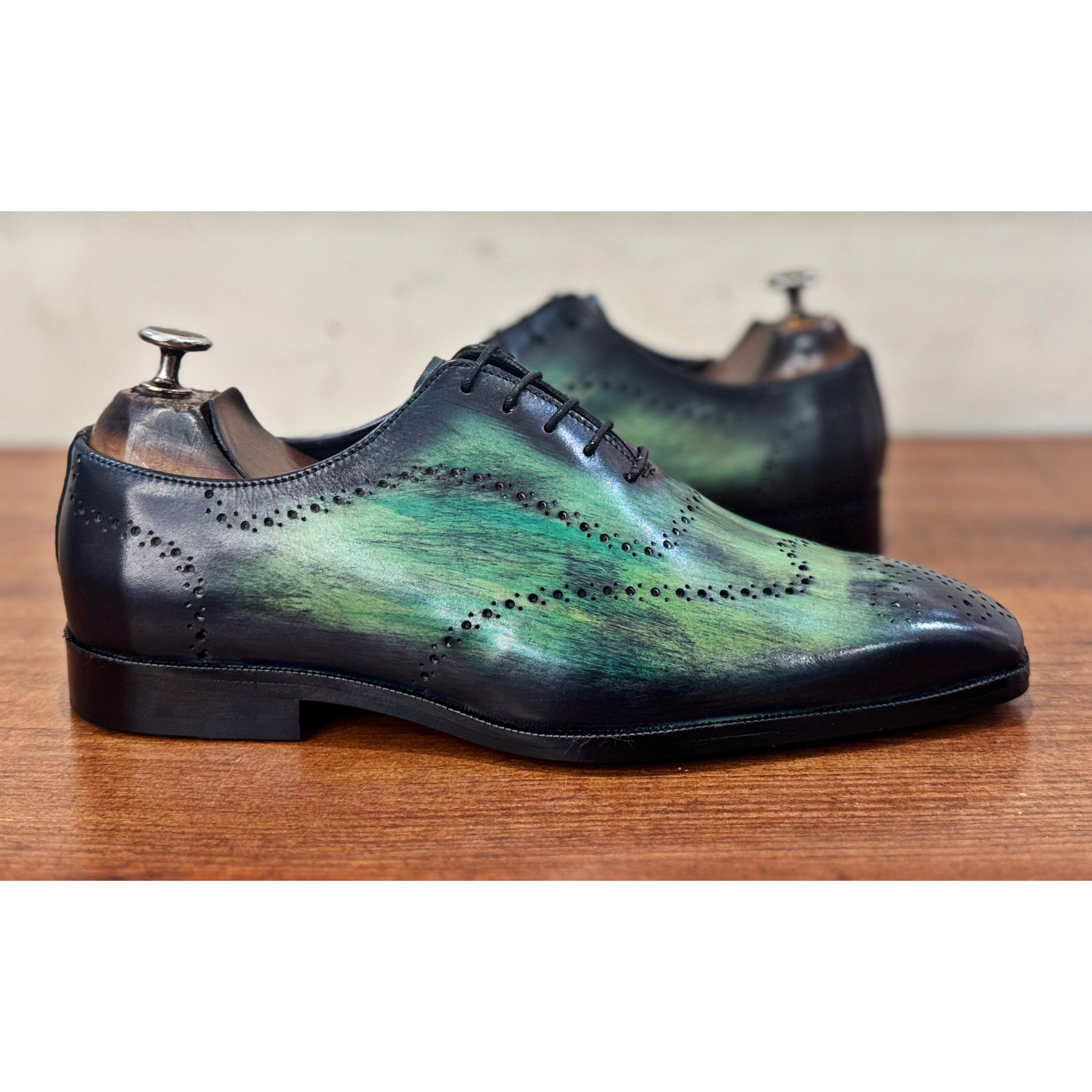 Green Wholecut Laceups Hand Patina