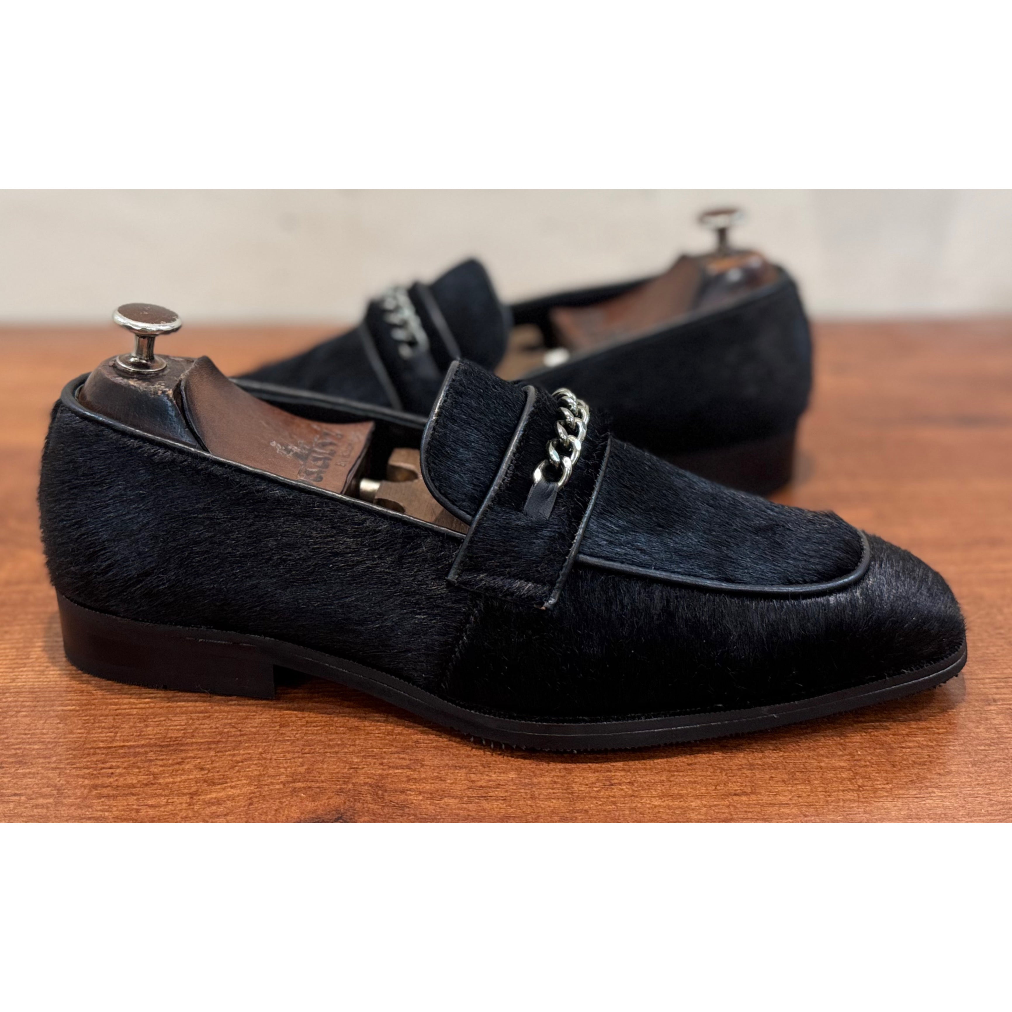 Black Hairon Loafers With Chain